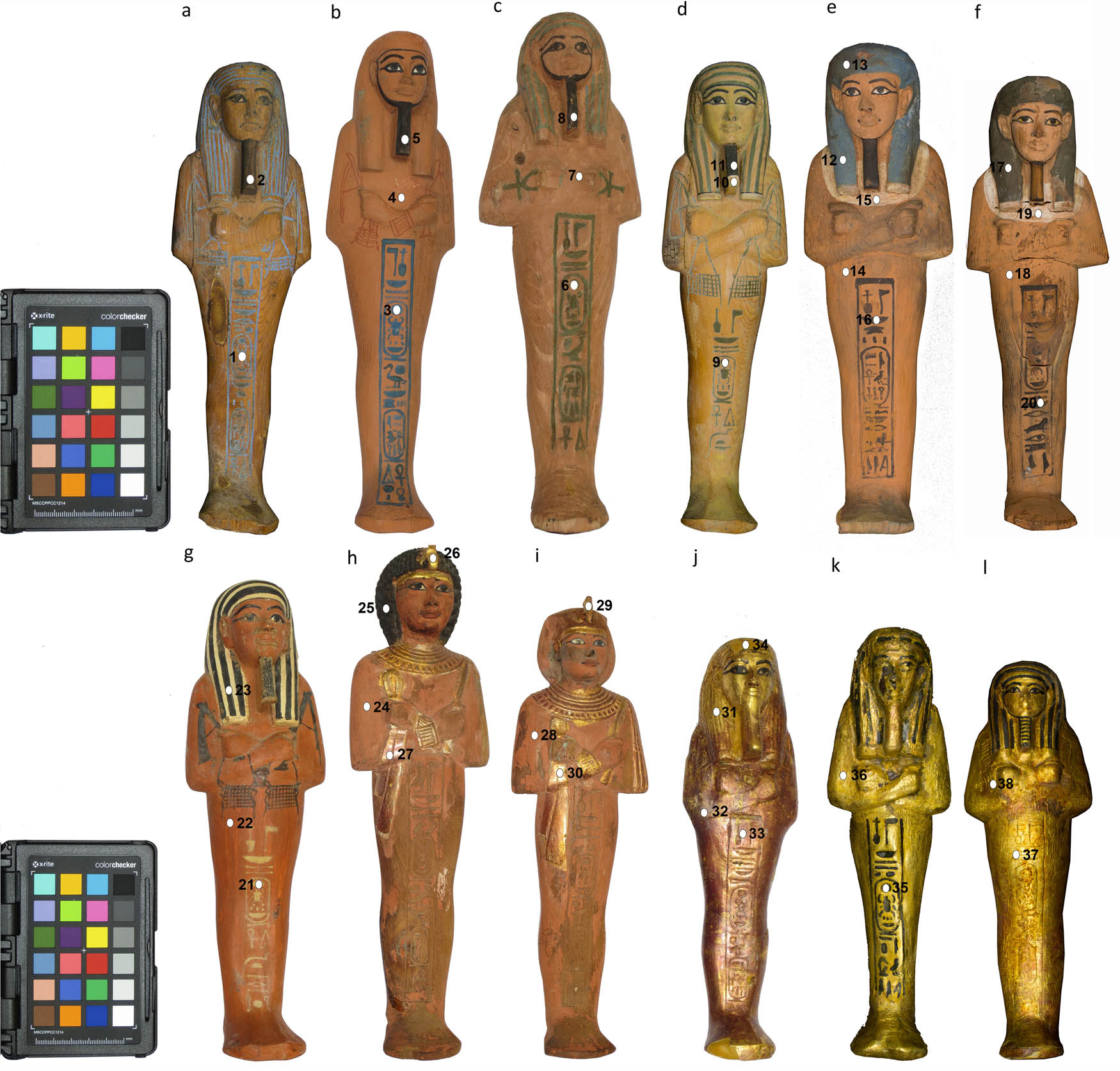 Figure 1 
                  The selected shawabtis from King Tutankhamun collection as numbered in Table 1, and the spots marking the locations listed in Table 3 from where analysis by single-spot spectroscopic techniques were performed (indicated by English numbers); a) Shawabti GEM GEM 3163; b) Shawabti GEM 3414; c) Shawabti GEM 3429; d) Shawabti GEM 3173; e) Shawabti GEM 3511; f) Shawabti GEM 3503; g) Shawabti GEM 3528; h) Shawabti GEM 3499; i) Shawabti GEM 3491; j) Shawabti GEM 3651; k) Shawabti GEM 3467; l) Shawabti GEM 3452.
               