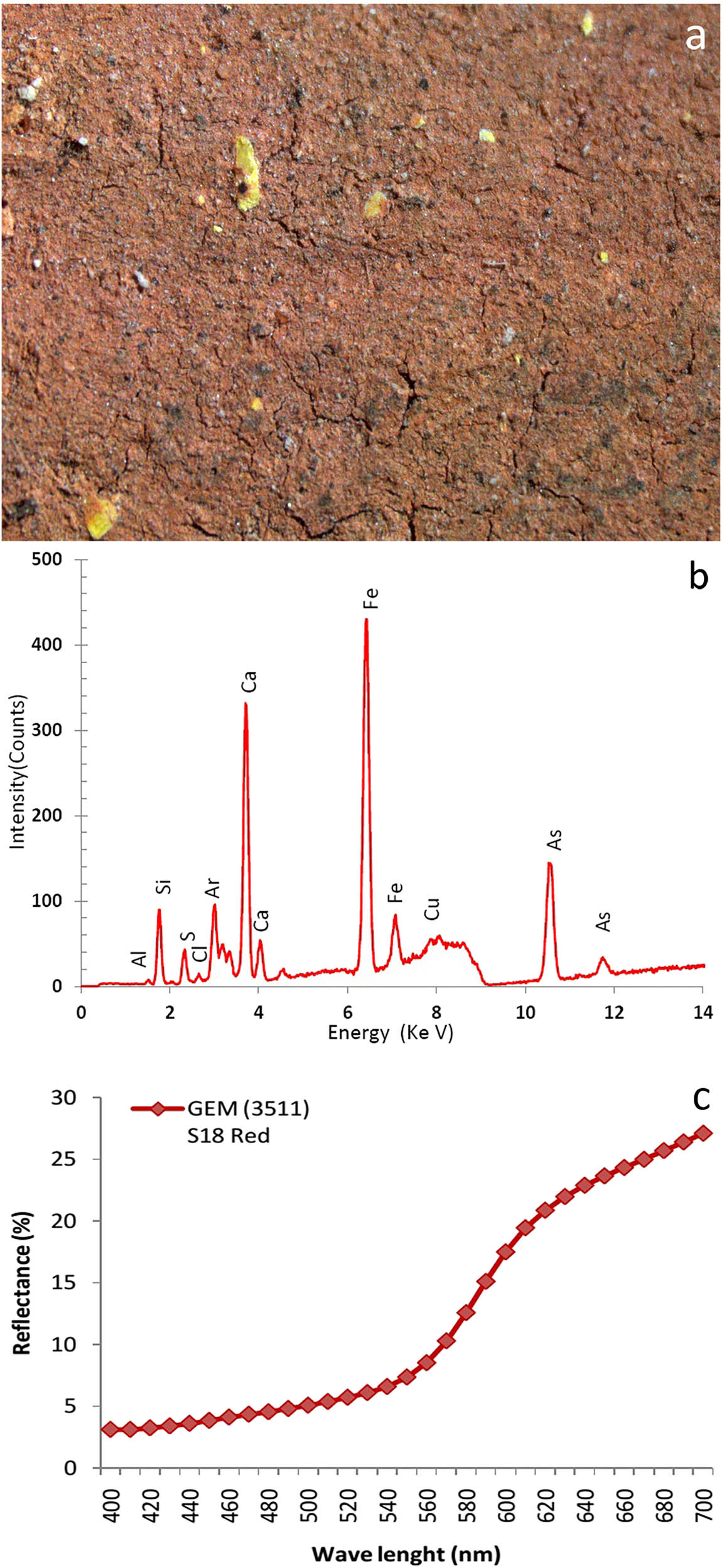 Figure 6 
                     Characterization of the red painted layer (Object GEM 3511, Spot 18): (a) An optical micrograph; (b) XRF spectrum; and (c) visible reflectance spectrum.
                  