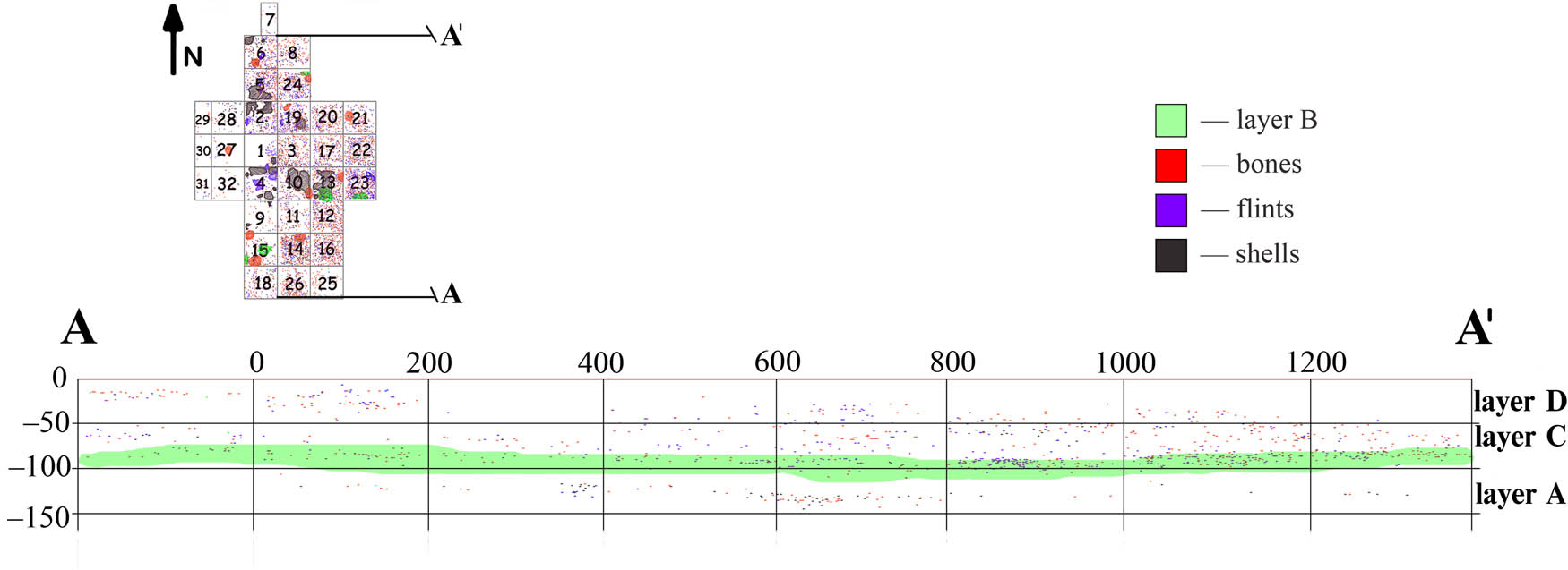 Figure 4
Profile across 3D cloud of points from excavation trench 2 with indication of the layer B (in green).
