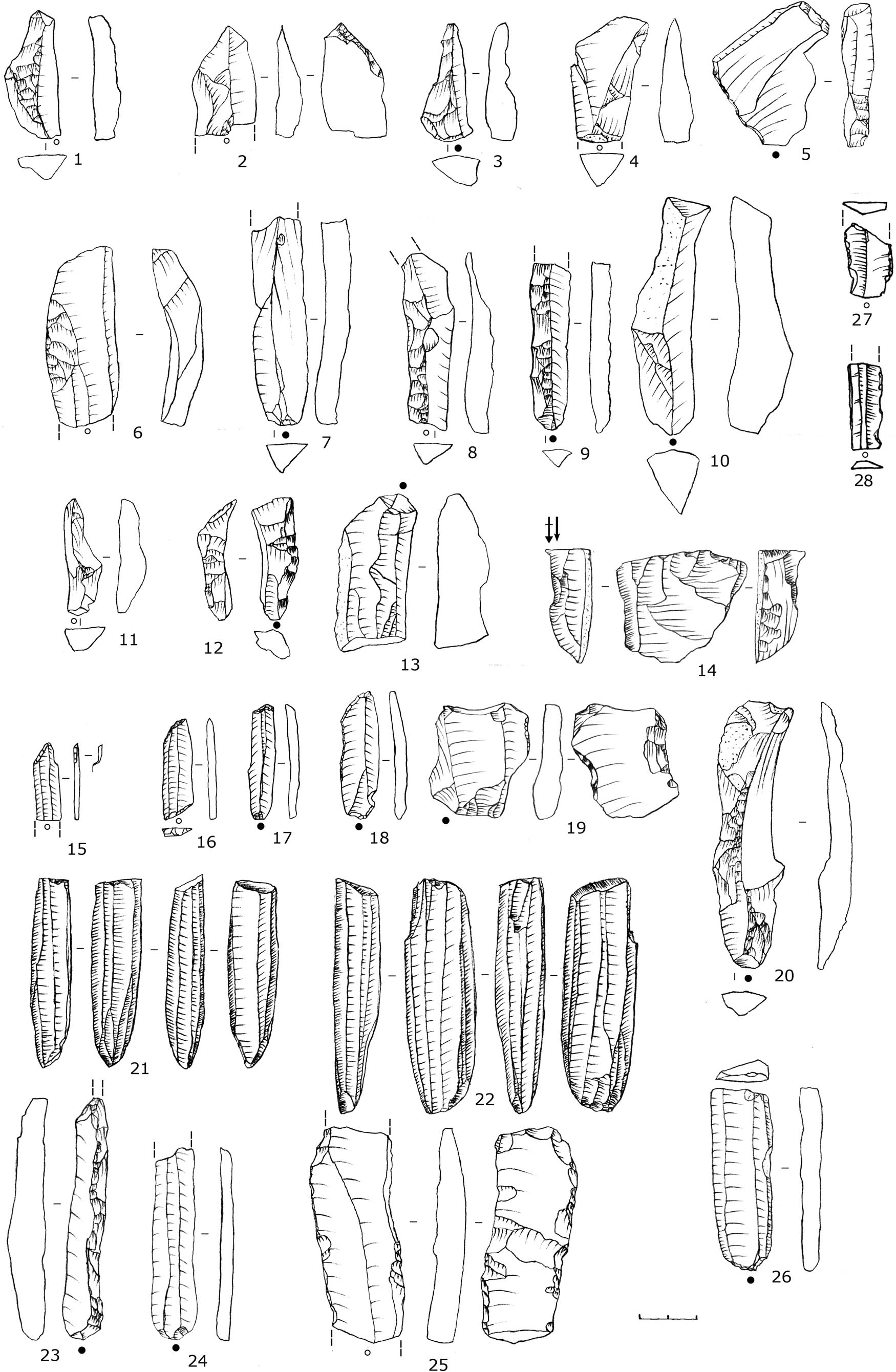 Figure 10
Kamyana Mohyla 1, layer B: lithic inventory. 1, 8–9, 23 – half-crested blades, flakes and their fragments; 2 – perforator, 3, 5, 12 – rejuvenation flakes; 4, 7, 10 – arête naturelle; 6 – overshot blade fragment; 11 – lame de cintrage; 13 – repair flake; 14 – Kukrek burin; 15–18 oblique points, 19 – retouched flake, 20 – adaptive crest; 21–22 – pencil-like cores; 24, 26 – blades, 25 – Kukrek insert.