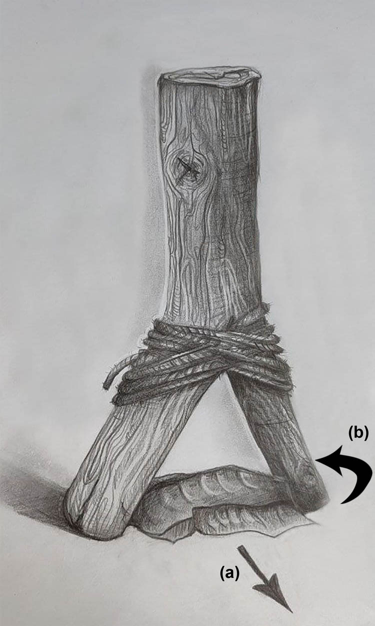 Figure 12
A hypothetical reconstruction of the way Kukrek inserts were hafted. (a) Direction of force application; (b) rotation movement resulting in characteristic macroimpact fractures. Concept: S. Radchenko, Drawing: D. Martynova.