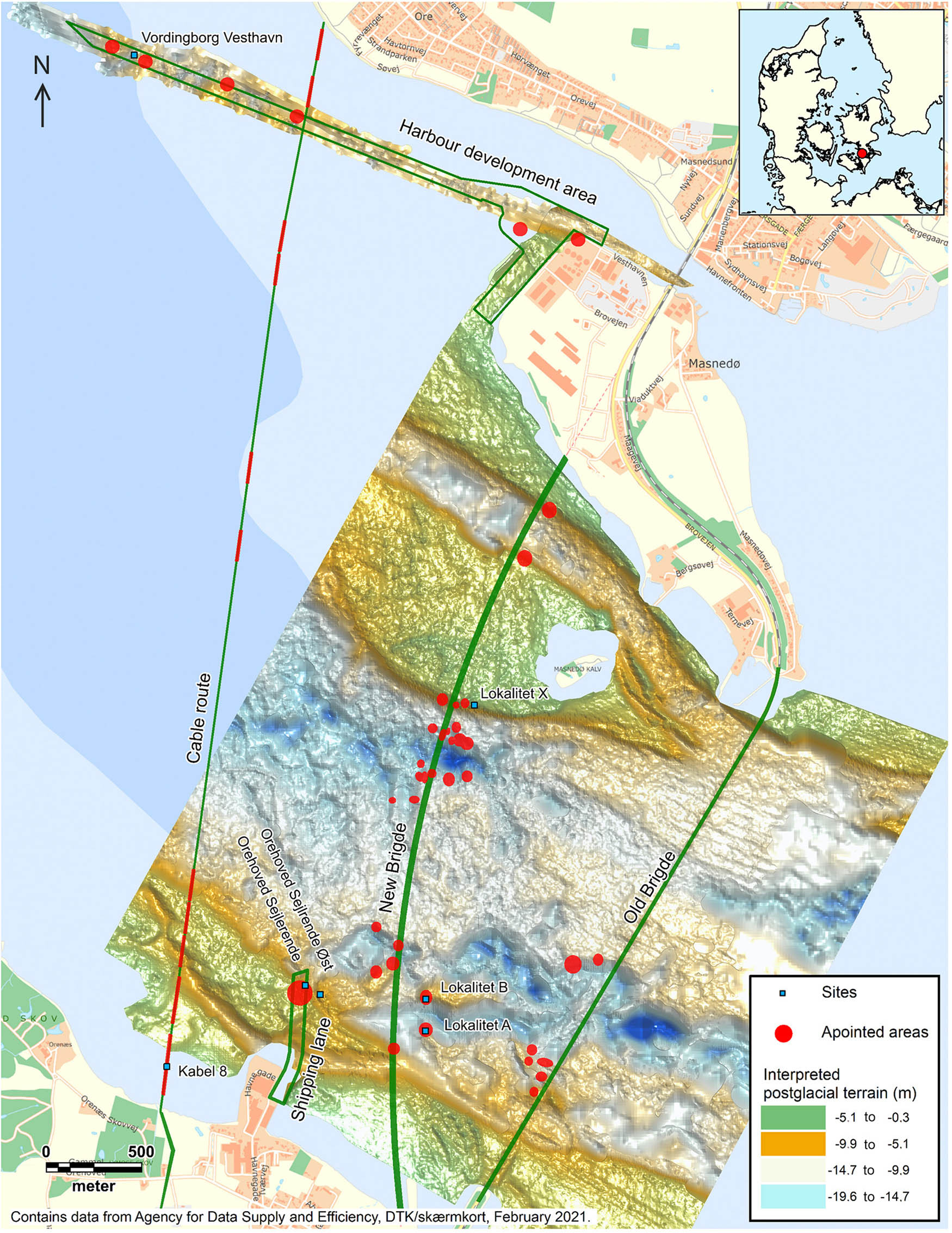 Figure 2
Map showing the interpreted postglacial terrain in the survey area, appointed areas with high potential for preserved Mesolithic sites and sites found during investigations.