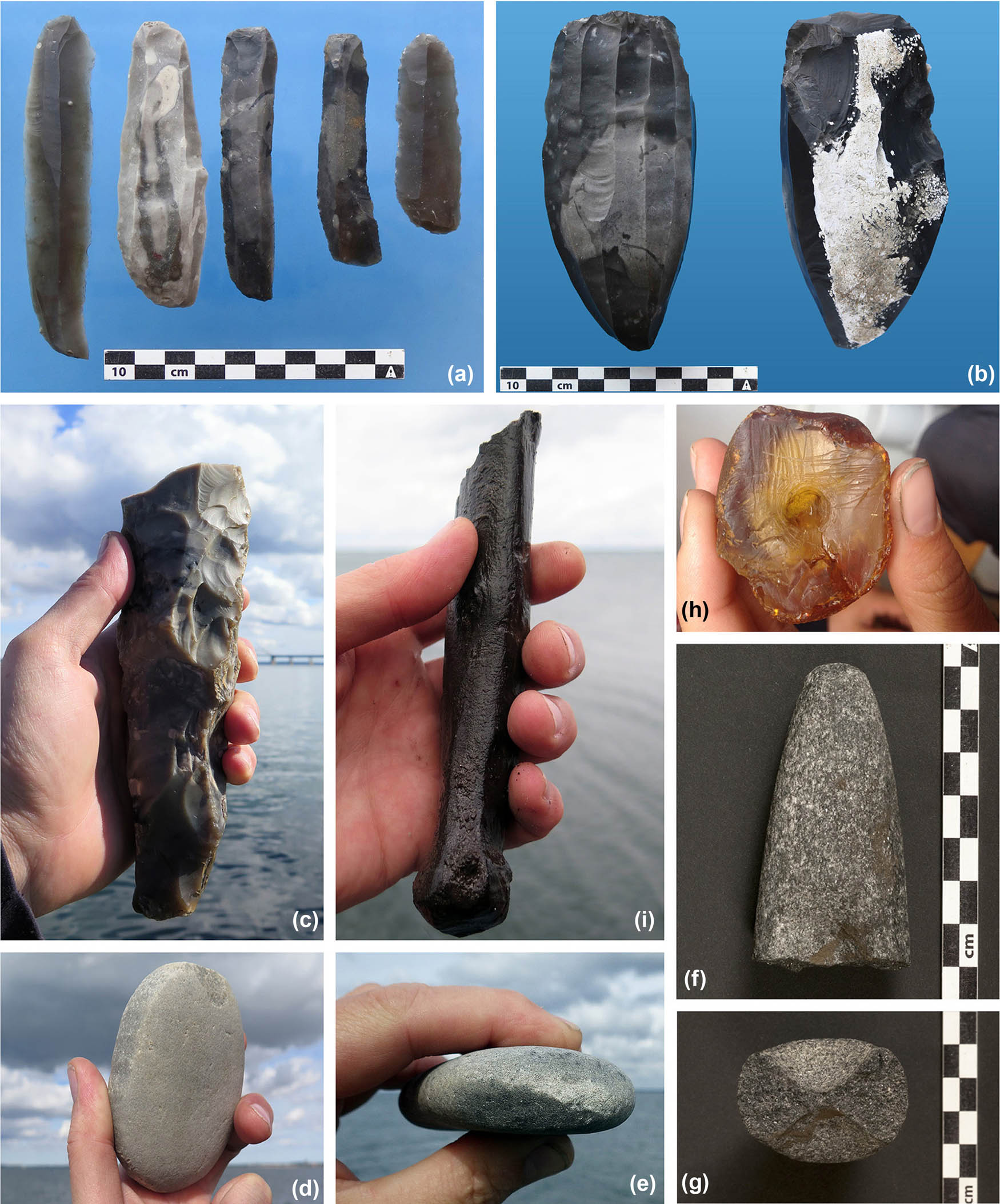 Figure 5
Artefacts from Orehoved Sejrende, (a) blade knives, (b) core axe made on blade core, (c) fragment of large pointed weapon, (d–e) faceted hammer stones, (f–g) butt of round-butted pecked stone axe with initiated hourglass shaped perforation (h) decorated piece of amber with striations and blind drill hole (i) fragment of wooden shaft. Photos: (a–b) Irina Baez-Westerberg, (c–i) Morten Johansen.