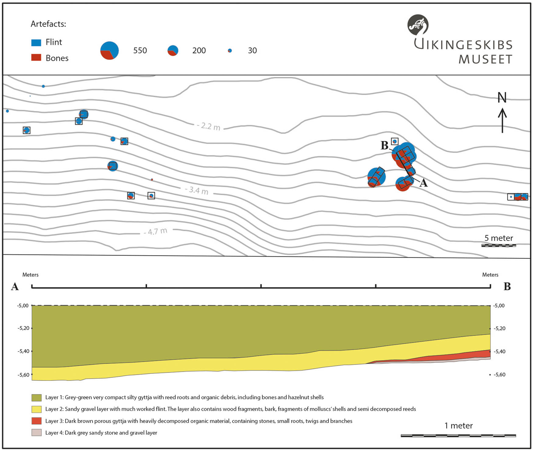 Figure 6
Kalverev, Lokalitet X, site plan and profile. Contour lines represent the depth of the seabed. As several meters of sediment were removed with mechanical excavator prior to diver excavations, the profile only shows the one meter of sediment above moraine till that was left by the excavator.