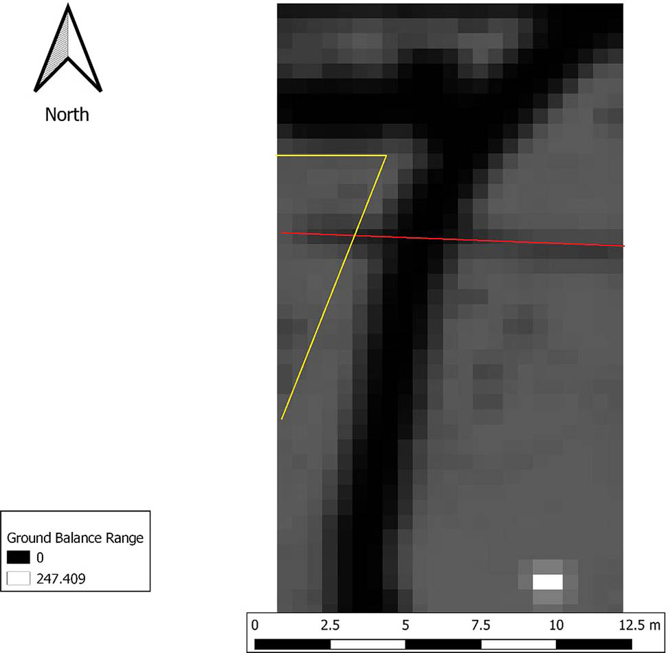 Figure 3 
                  Interpolation map of Fir Hill Survey. Former house location outlined in yellow. Old water line and electrical lines running to house drawn in red. The front door was immediately south of the utility line.
               