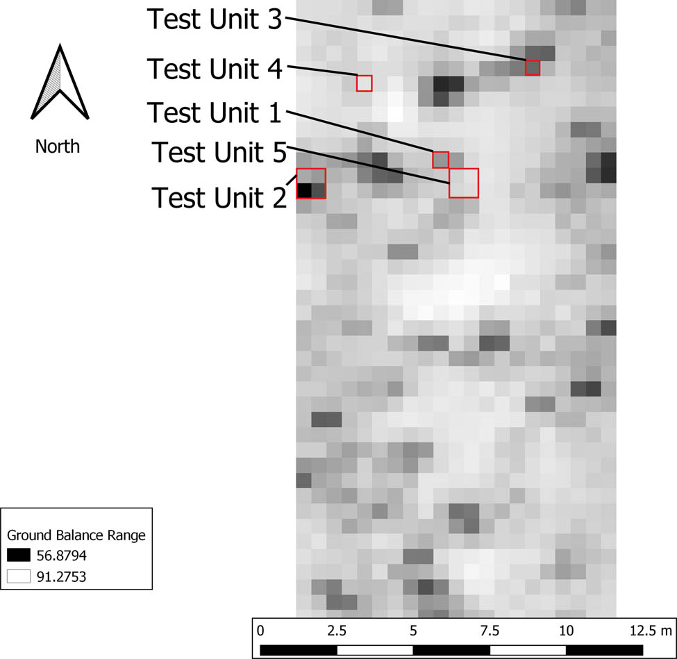 Figure 4 
                  Interpolation map of the Grace Park survey area with test unit locations and assigned numbers in red.
               