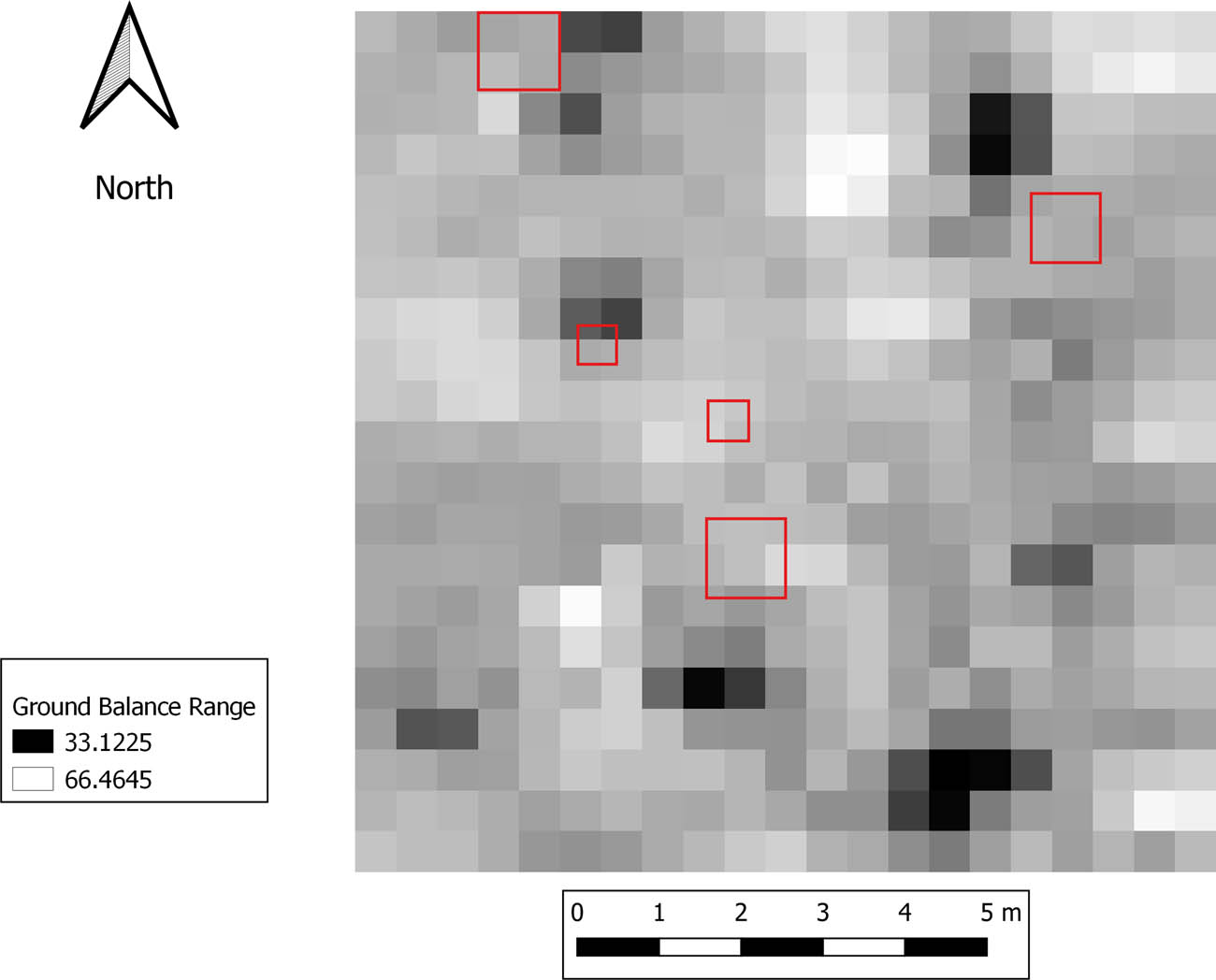 Figure 7 
                  Interpolation map of Round Top A ground balance readings. Test units in red.
               