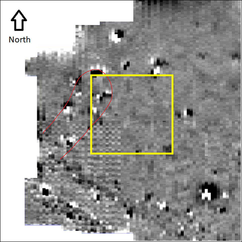 Figure 9 
                  Round Top B Area Geophysical Survey from 2007, University of Akron. The culvert area is drawn in red, and the approximate location of the metal detector survey is outlined in yellow. Note the parallel lines to the southwest, which is the location of an extant gravel access road. Image courtesy Tim Matney. Nanotesla per meter values could not be located from original survey.
               