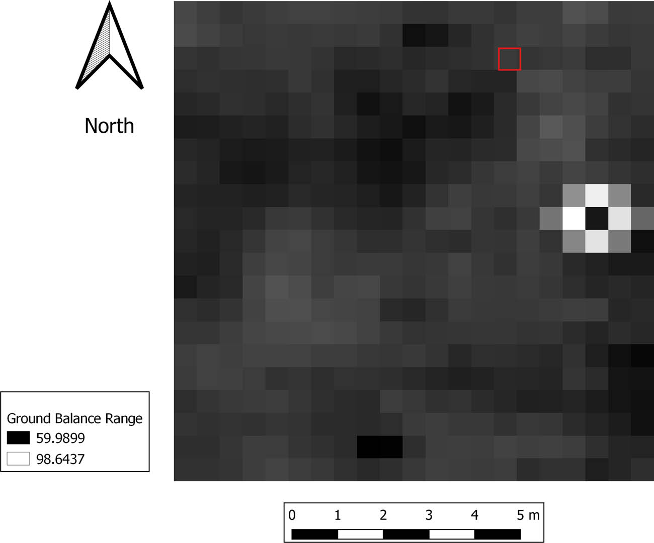 Figure 10 
                  Location of shovel test and interpolation map at Garden Pond. Shovel test locations in red. Note the anomaly in the eastern center of survey area. This was an unidentified ferrous object.
               