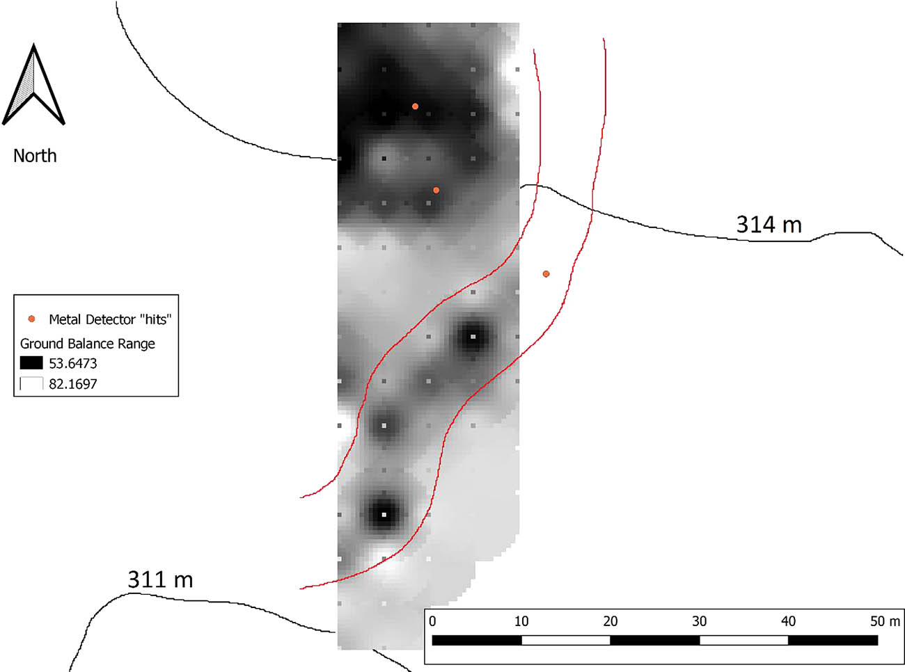 Figure 11 
                  Interpolation map of the Matney Site, with locations of positive auger tests. Note the change in readings as the elevation decreases, and the clear spike of readings following the compacted dirt road running through the survey area drawn in red.
               