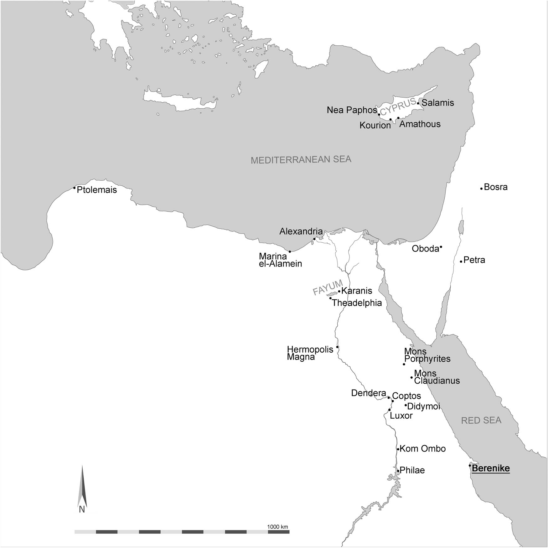 Figure 1 
               Map of Egypt and vicinity with locations of cities mentioned in the text (drawing: S. Popławski).
            