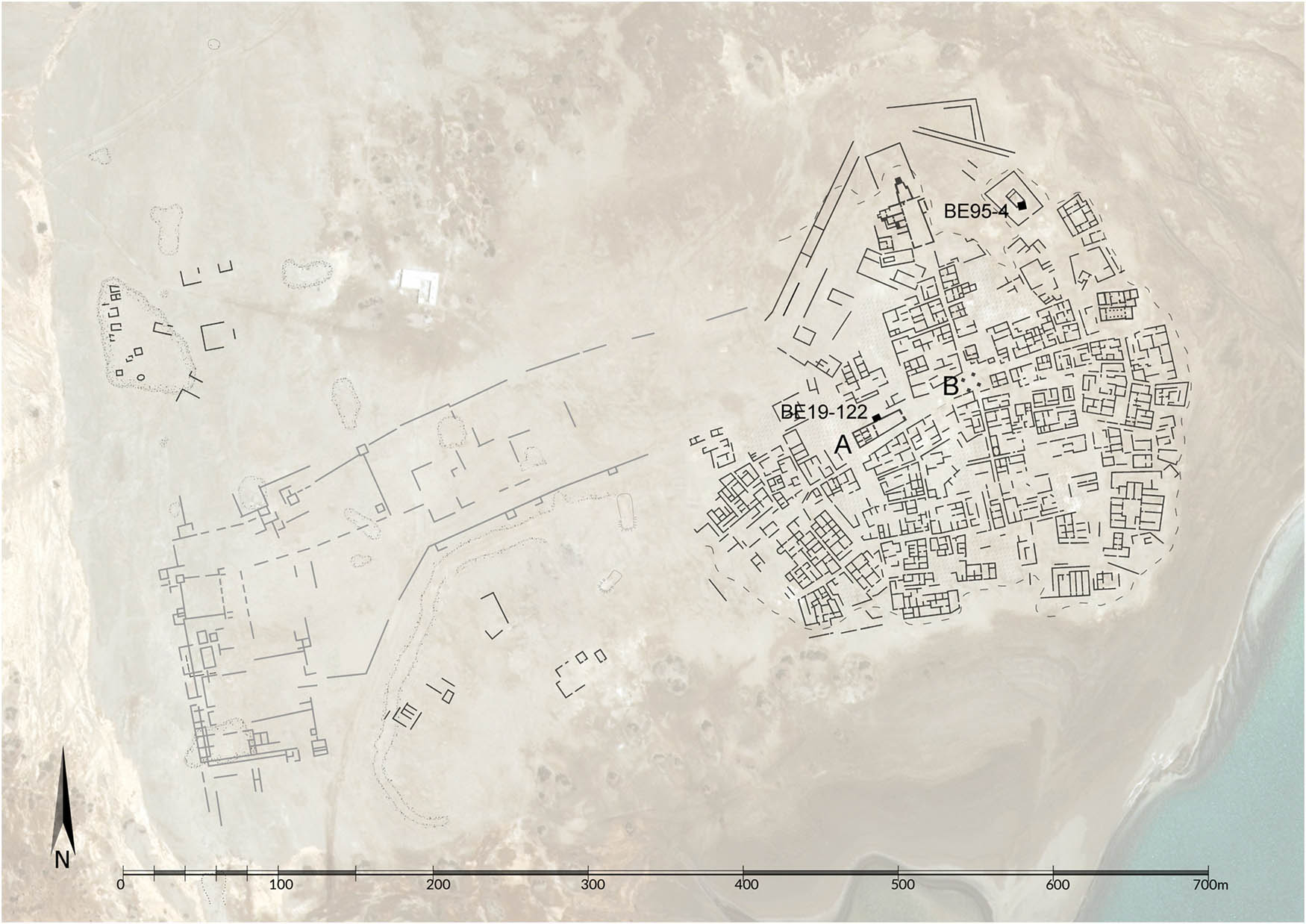 Figure 2 
               Structures at Berenike with areas mentioned in the text: (a) the Isis Temple; (b) Tetrastylon; grey – Hellenistic period structures; black – Roman and Late Antique period structures (drawing: S. Popławski).
            