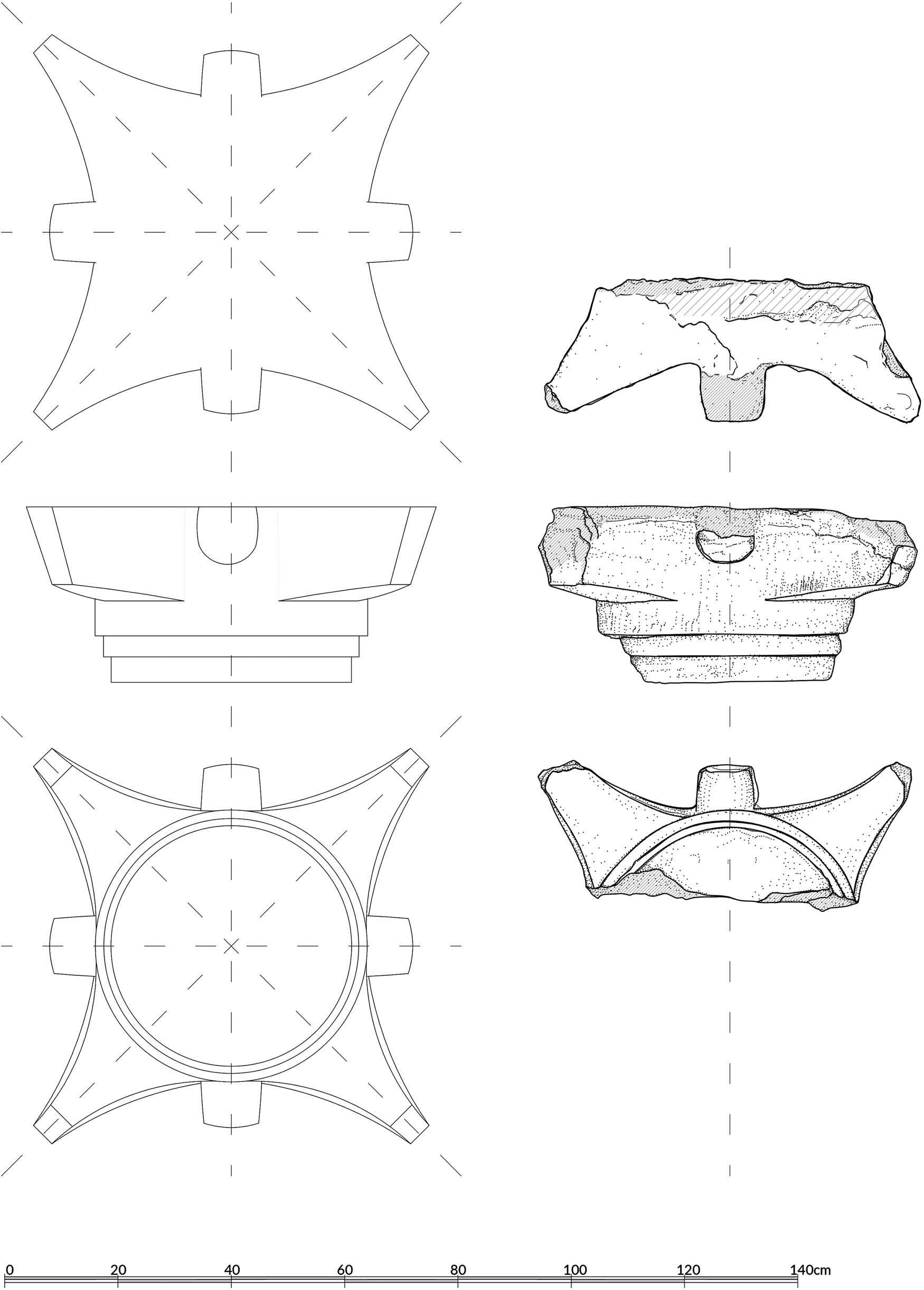 Figure 7 
                  Blocked-out capital from Berenike trench BE19-122: left, reconstruction; right, existing state of preservation (F. Mi, S. Popławski).
               