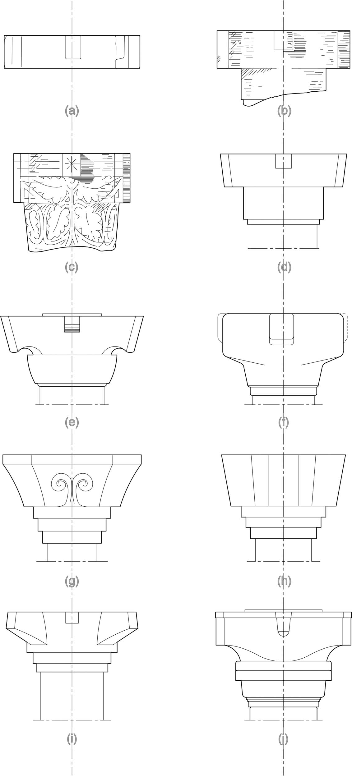 Figure 11 
                  Selected blocked-out capitals: (a) Karnak; (b and c) Medinet Habu; (d and e) Kom Ombo; (f) Didymoi; (g and h) Karanis; (i) Coptos; (j) Kourion (drawing: U. Kraśniewska, S. Popławski, based on the studies by Boak & Peterson, 1931, Figure 77; Brun et al., 2011, pp. 33–47; El-Masekh et al. 2017, p. 224; El-Nassery et al., 1976, pp. 239–271, Pl. LXVIII: 47; Grawehr & Brzozowska-Jawornicka, 2020, pp. 181–200, Figure 2; Hölscher, 1954, p. 190. 46 a,b; Laroche-Traunecker, 2000, p. 210).
               