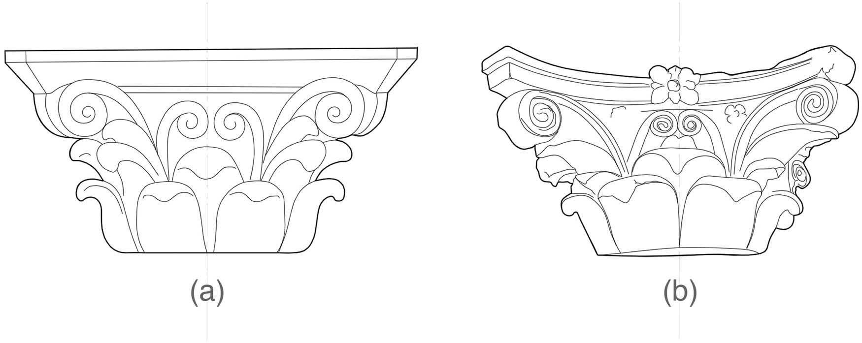 Figure 12 
                  Corinthian capitals distinctive to Egypt in Roman period – McKenzie type 3: (a) Mons Claudianus and (b) Luxor “Imperial Cult Chamber” (drawing: S. Popławski, based on McKenzie, 2007, pp. 223–224).
               