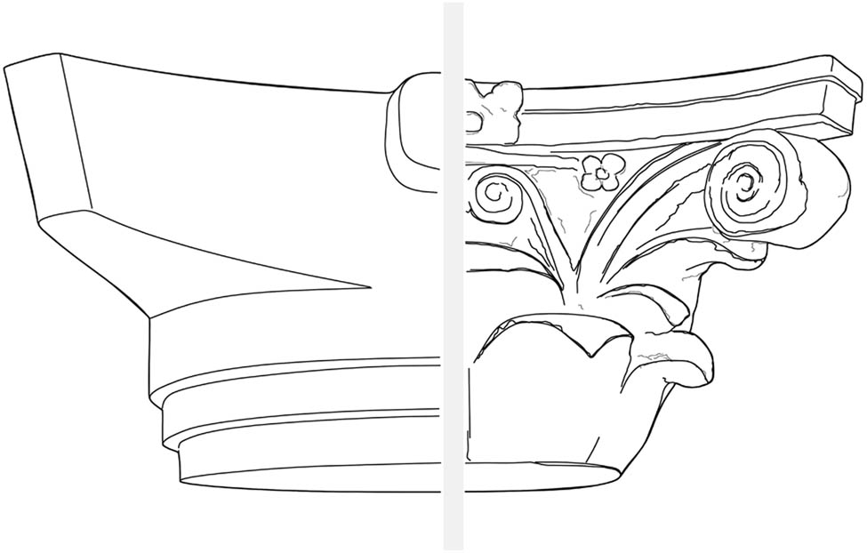 Figure 13 
                  Comparison of the form of the blocked-out capital from Berenike and the Corinthian capital from the “Imperial Chamber” at Luxor (drawing: S. Popławski).
               