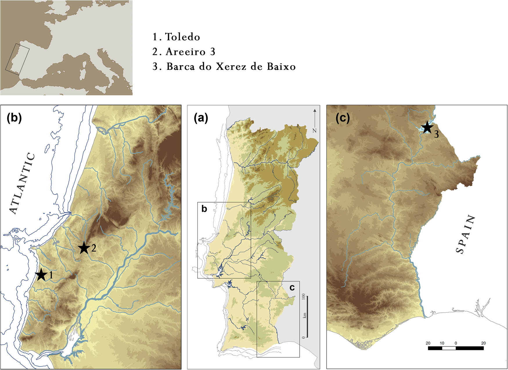 Figure 1
The locations of Toledo, Areeiro 3, and Barca do Xerez de Baixo. The lithic assemblages recovered from these sites were used in the present paper to illustrate the technological diversity observed for the Early Mesolithic in SW Iberia.