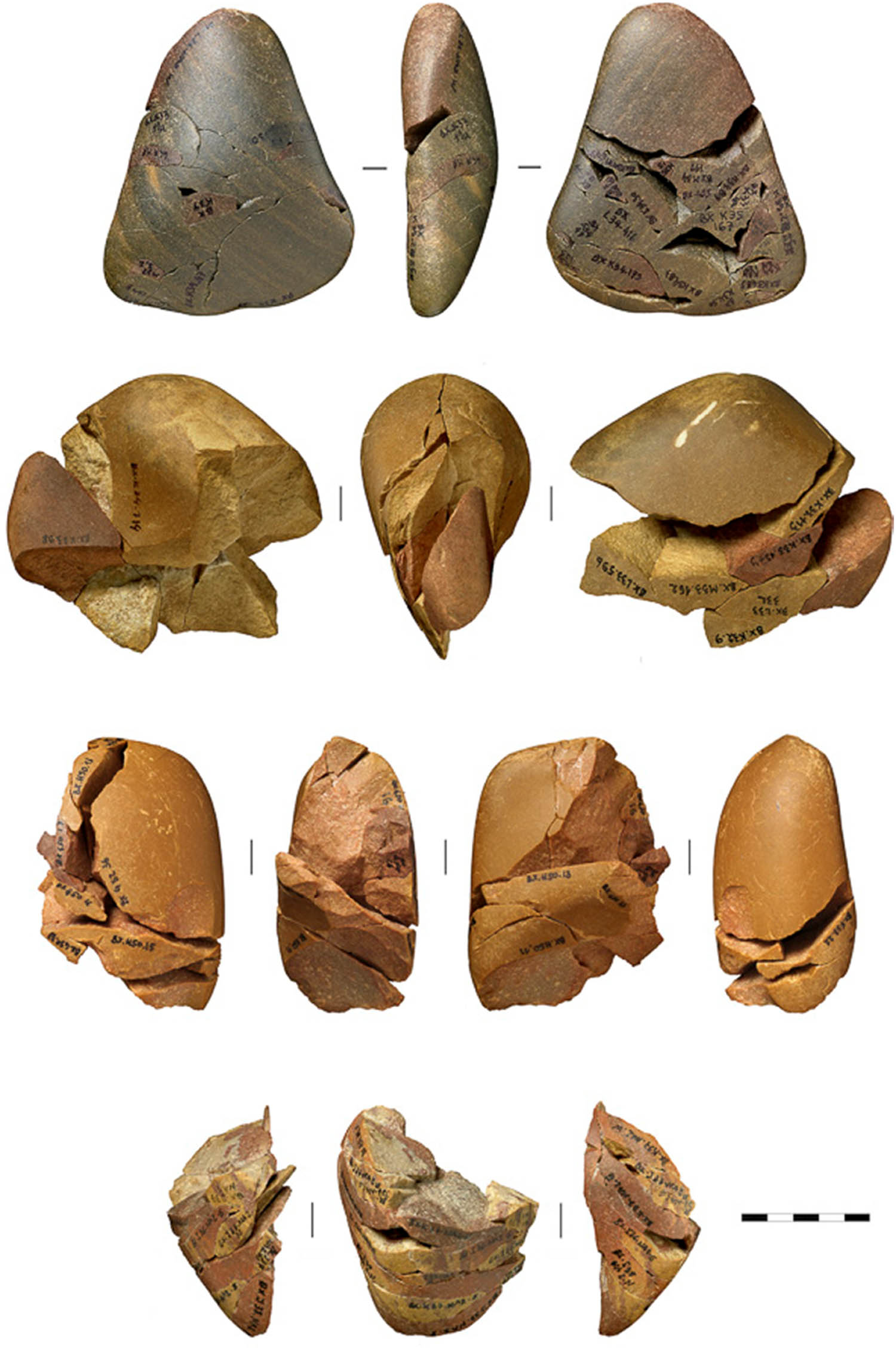 Figure 12
Barca do Xerez de Baixo: reconstructions of quartzite volumes used to produce flakes, the desired end-products. Photo, J. P. Ruas.