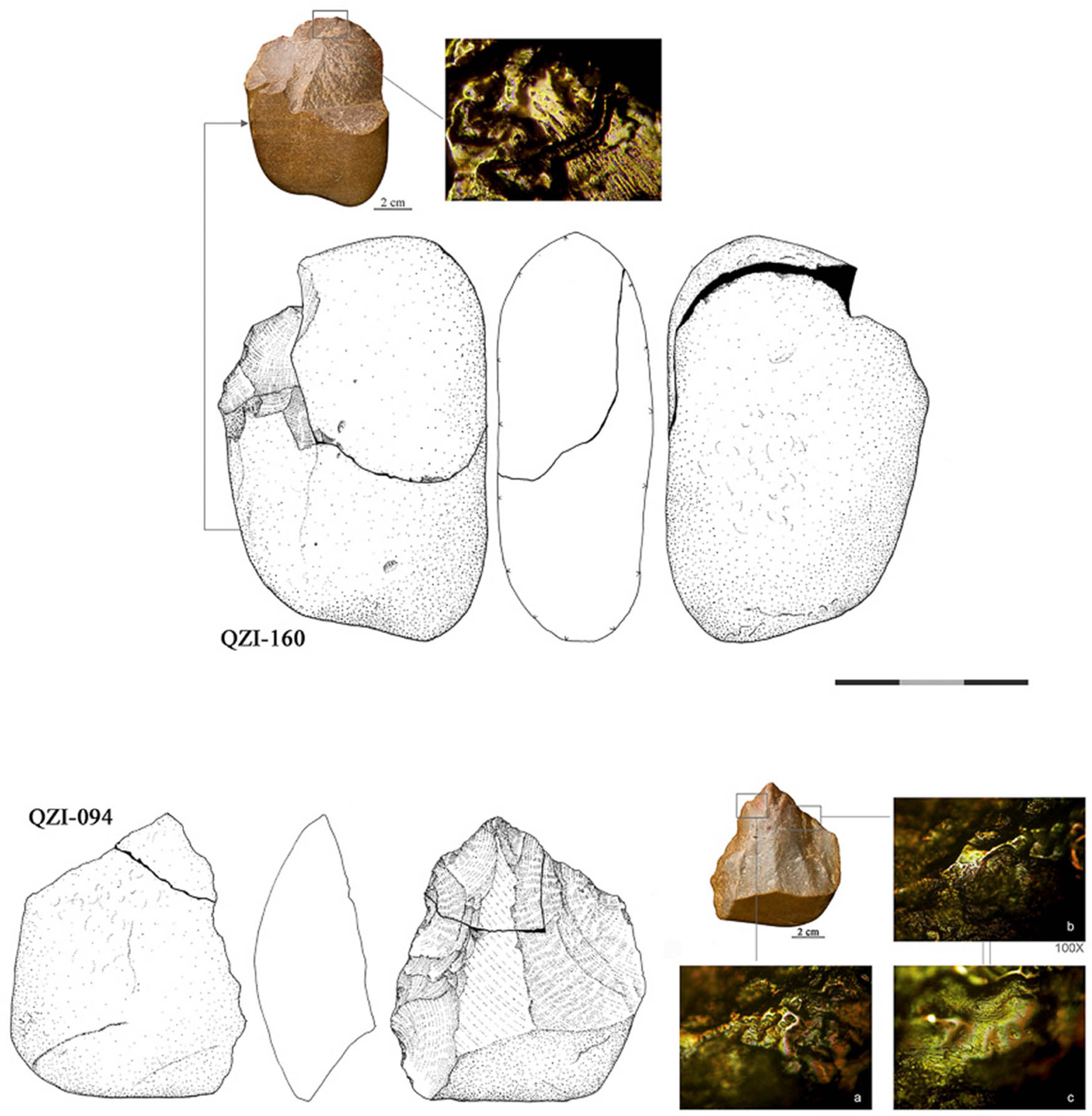Figure 13
Barca do Xerez de Baixo: these quartzite refittings illustrate cases in which the gaps between the core and the reassembled blank seem to indicate the use of the core as a tool, a hypothesis later confirmed by use-wear analyses, in both cases for woodworking materials. Drawing, K. Monigal; macro and micro photos, M. A. Igreja.