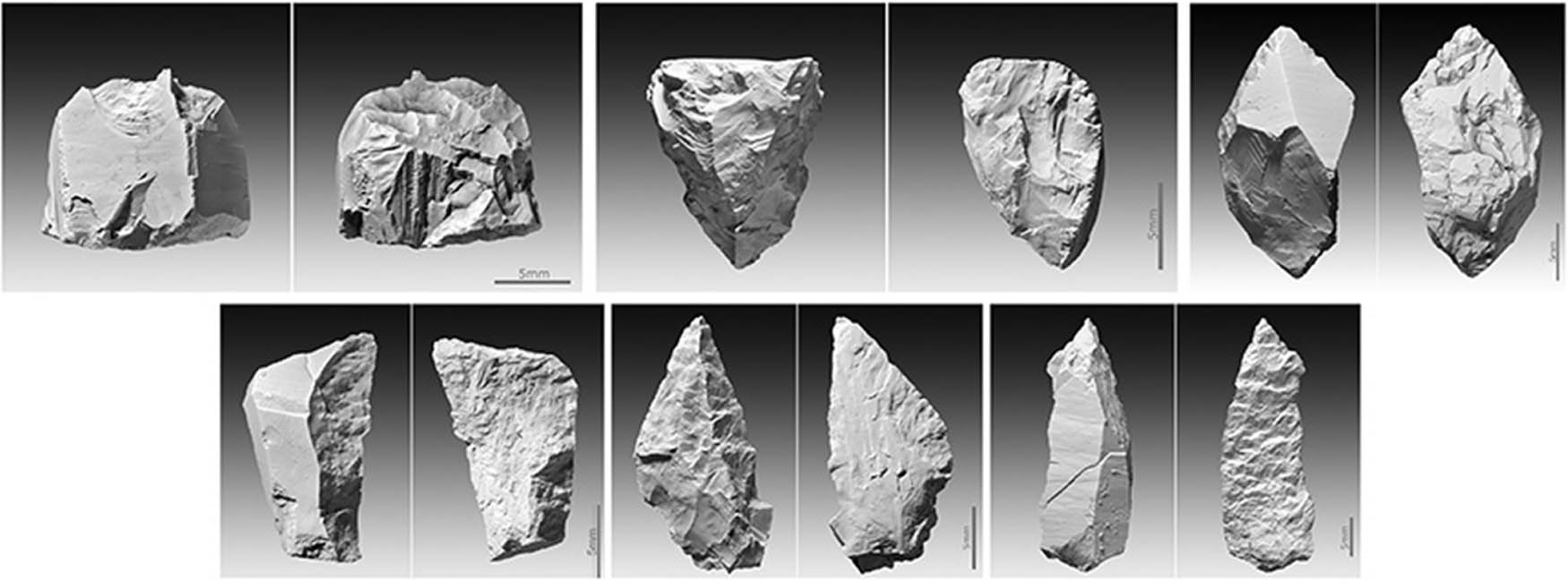 Figure 14
Barca do Xerez de Baixo: the few elongated blanks found at the site made from small volumes of hyaline quartz. Photo, J. P. Ruas.