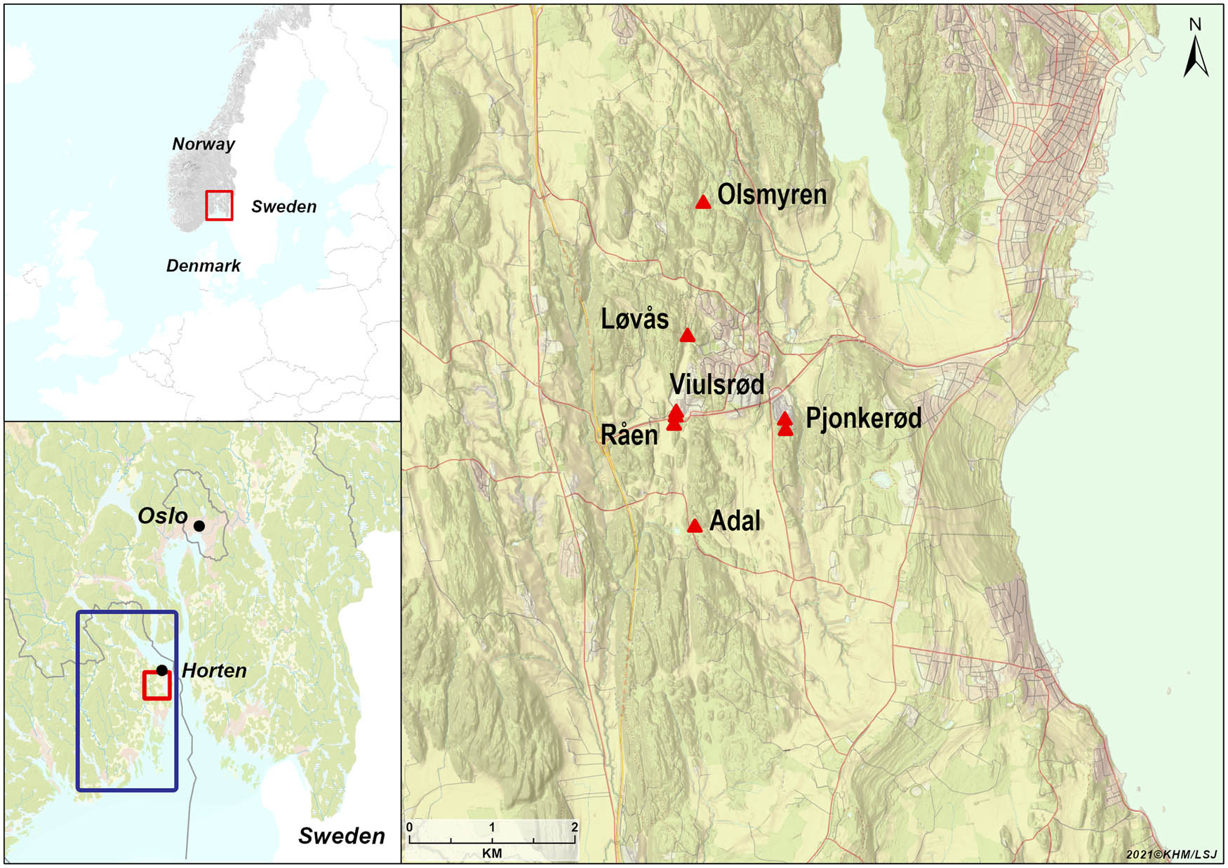 Figure 1 
               Map showing the project area in Norway and N-Europe. Sites named in the text are plotted on the map to the right. Blue square refer to the map section in Figure 11. Map: Linnea S. Johannessen, MCH, University of Oslo.
            