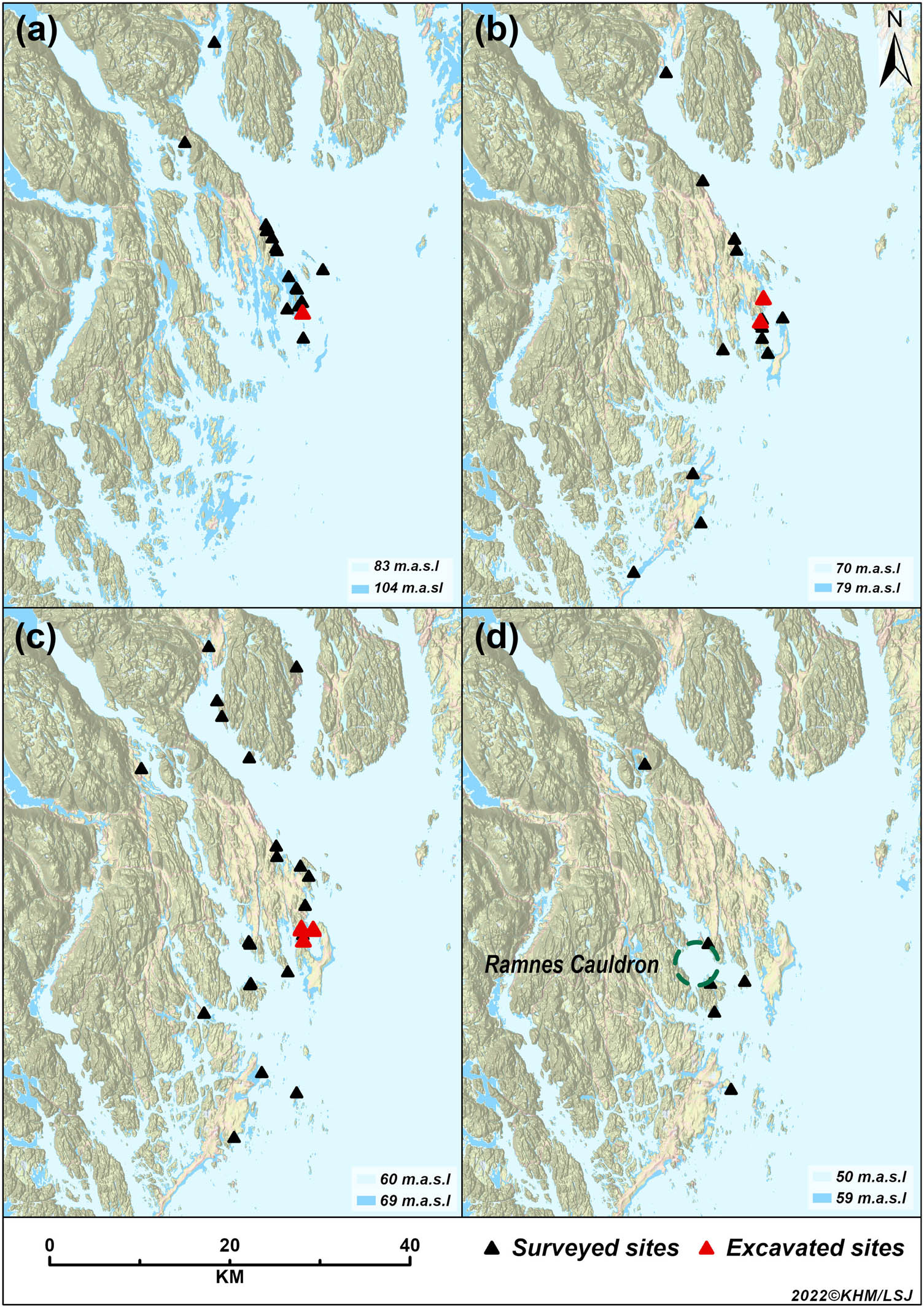 Figure 11 
                  Development in the geographical distribution of MM sites (n = 77, including eight excavated sites) at 4 chronological stages (a−d) of the shoreline regression: (a) 8000–7800/7600 cal BCE; (b) 7700/7500–7300/7100 cal BCE; (c) 7300/7100–7000/68000 cal BCE; (d) 6900/6600–6300/6000 cal BCE. Some of the sites are situated very close, hence overlapping in the maps. For data see Supplementary File 6. Map: Linnea S. Johannessen, MCH, University of Oslo.
               