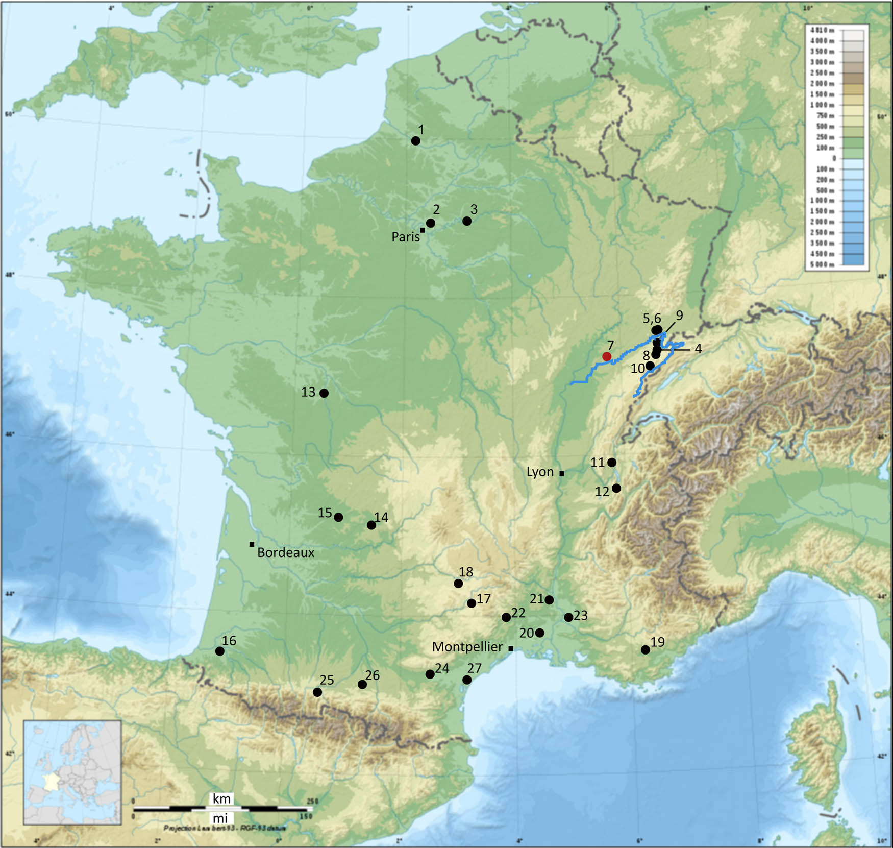 Figure 1
Location of French Mesolithic sites having yielded freshwater fish remains (map of France from cartesFrance.fr). (1) Le Petit Marais, (2) La Haute-Île, (3) Le Haut-des-Nachères, (4) Baume de Montandon, (5) Bavans, (6) Châtaillon, (7) Les Cabônes, (8) Gigot, (9) Rochedane, (10) La Roche-aux-Pêcheurs, (11) Sous Balme, (12) Jean-Pierre 1, (13) Abri des Rocs, (14) La Doue, (15) Le Peyrat, (16) Bourouilla, (17) La Poujade, (18) Roquemissou, (19) La Baume Fontbrégoua, (20) Le Plaisir, (21) La Baume de Montclus, (22) Grotte du Salpêtre, (23) Le Mourre de Sève, (24) Balma de l’Abeurador, (25) Moulin, (26) Buholoup, and (27) La Crouzade. The Doubs River is highlighted in blue. Please refer to Table S1 in the supporting information for the data.