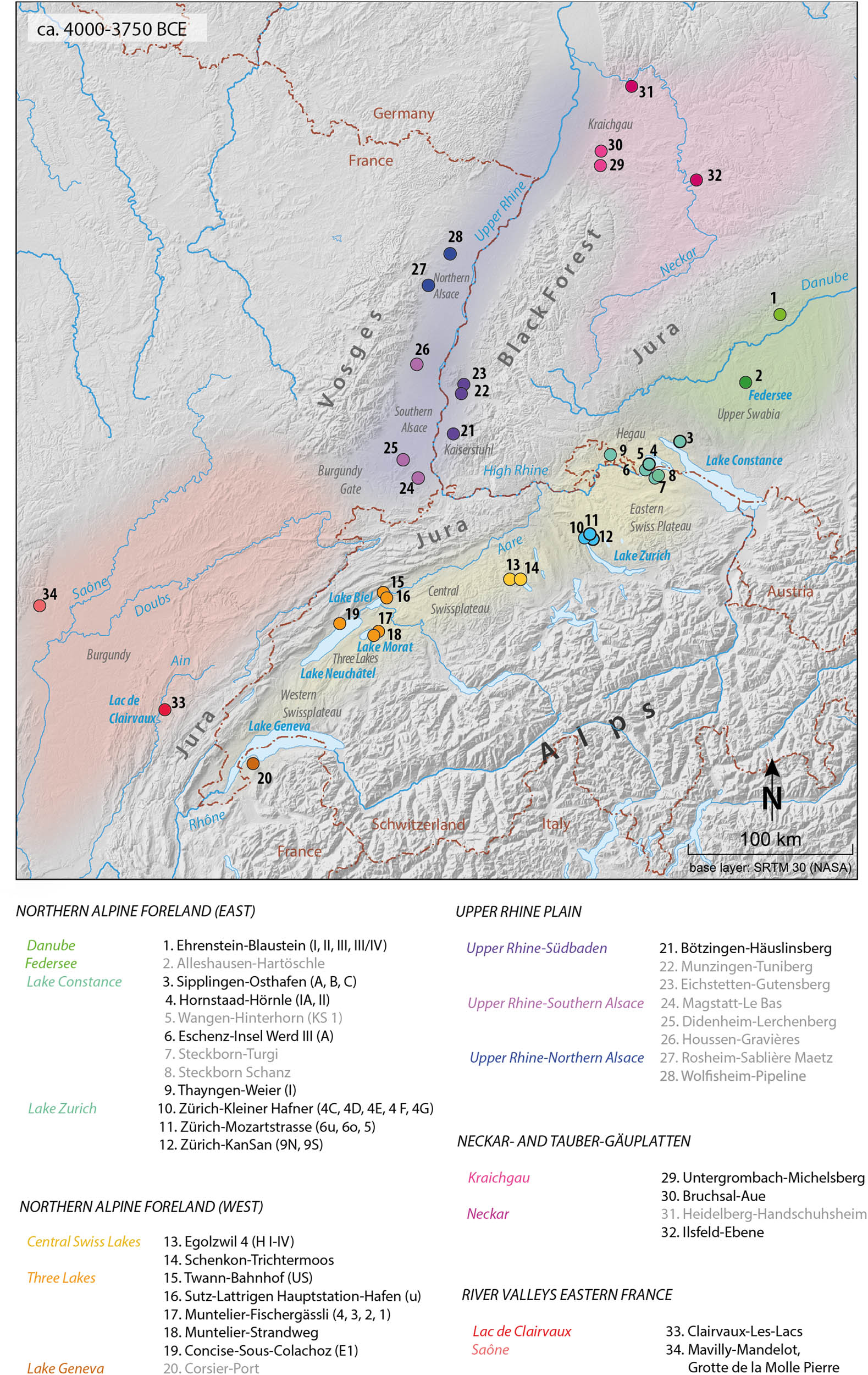 Figure 3
Selection of sites dating approx. 4000–3750 BCE and their geographical location in the northern Alpine Foreland and adjacent regions, highlighted in black: sites with pottery assemblages used in this paper for the unsupervised classification approach (figure: C. Heitz., map base according to Jammet-Reynal, 2017).