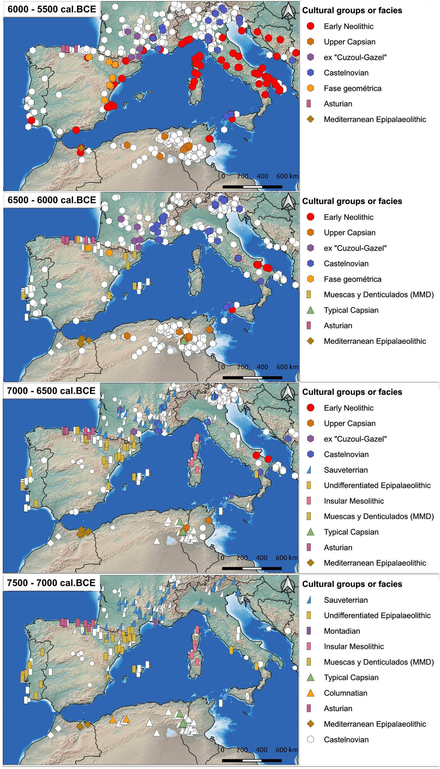 Figure 3
Chronological maps of First Mesolithic sites in the western Mediterranean in 500-year increments, between 9500 and 5500 cal. BCE according the last calibration curve (Reimer et al., 2020). The coloured dots represent the dated occupations while the white symbols are not directly dated ones (these occupations are only relatively dated, mainly on a chronotypological basis). All the data used in this map are freely readable in the BDA database (https://bda.huma-num.fr/).