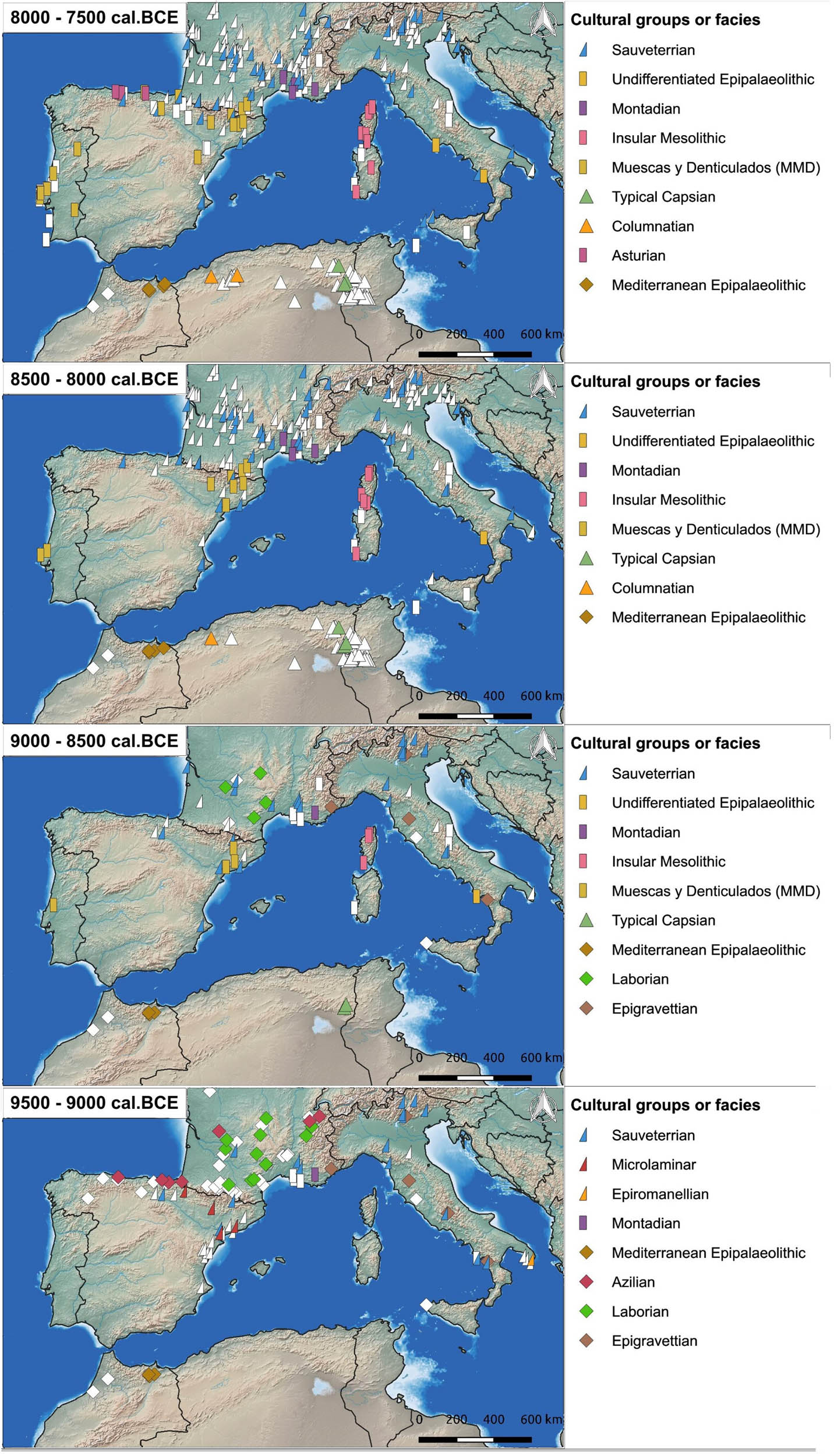 Figure 3
Chronological maps of First Mesolithic sites in the western Mediterranean in 500-year increments, between 9500 and 5500 cal. BCE according the last calibration curve (Reimer et al., 2020). The coloured dots represent the dated occupations while the white symbols are not directly dated ones (these occupations are only relatively dated, mainly on a chronotypological basis). All the data used in this map are freely readable in the BDA database (https://bda.huma-num.fr/).