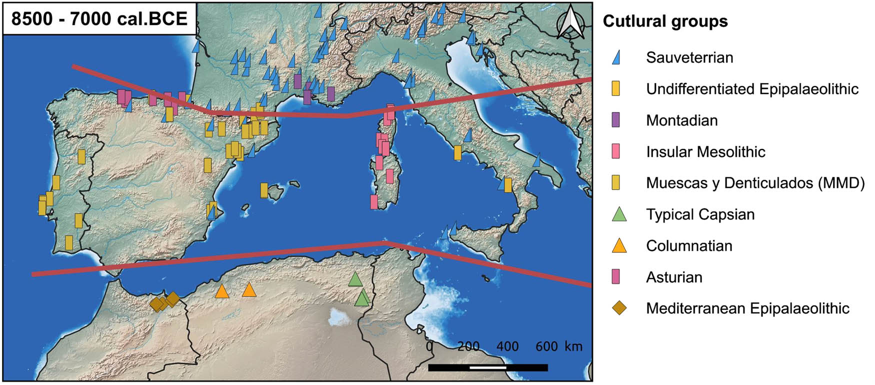 Figure 7
Lines showing the tripartition of the Western Mediterranean basin between 8500 and 7000 cal. BCE according to the lithic industries.