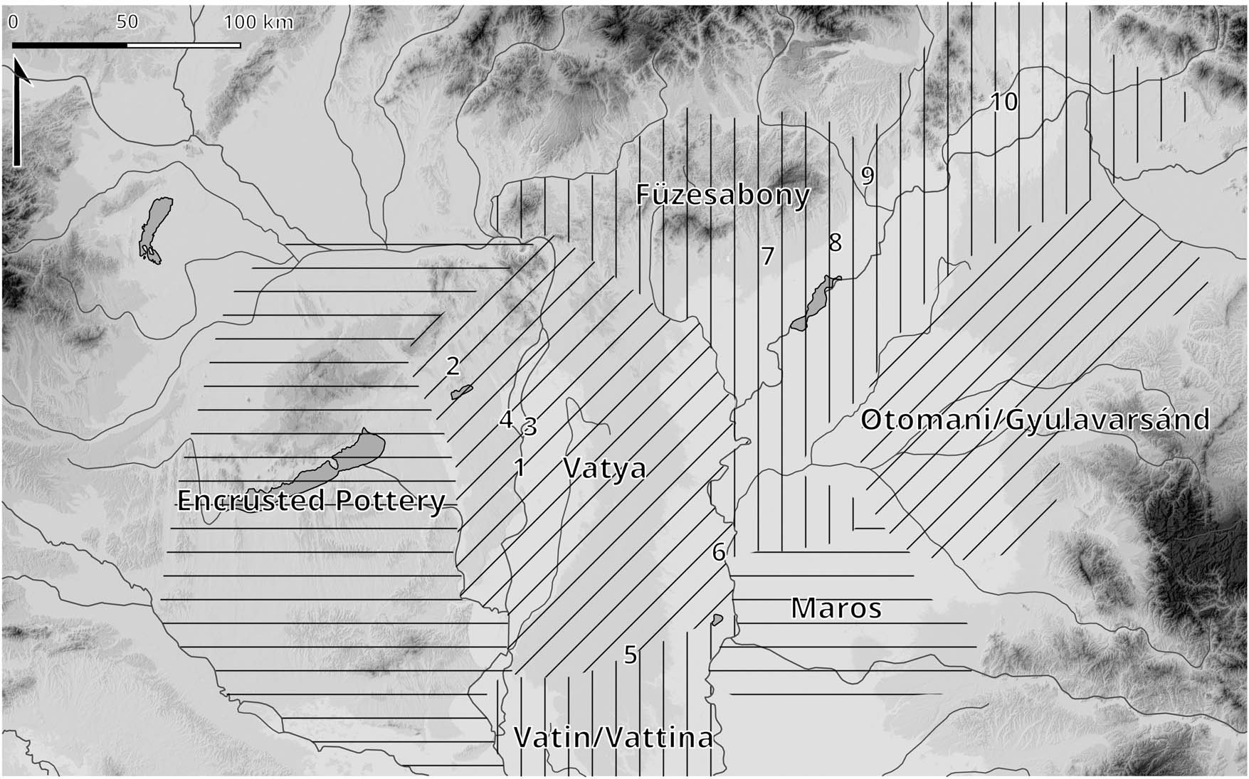 Figure 1
Distribution of Middle Bronze Age (c. 2000–1500/1450 BCE) cultural groups with distinct pottery styles in the Carpathian Basin after Fischl et al. (2013) and Stig Sørensen and Rebay-Salisbury (2008), and the considered cemeteries of (1) Dunaújváros-Duna-dűlő, (2) Lovasberény, (3) Dömsöd, (4) Adony, (5) Kelebia, (6) Csanytelek-Palé, (7) Pusztaszikszó, (8) Gelej, (9) Hernádkak, (10) Streda nad Bodrogom.