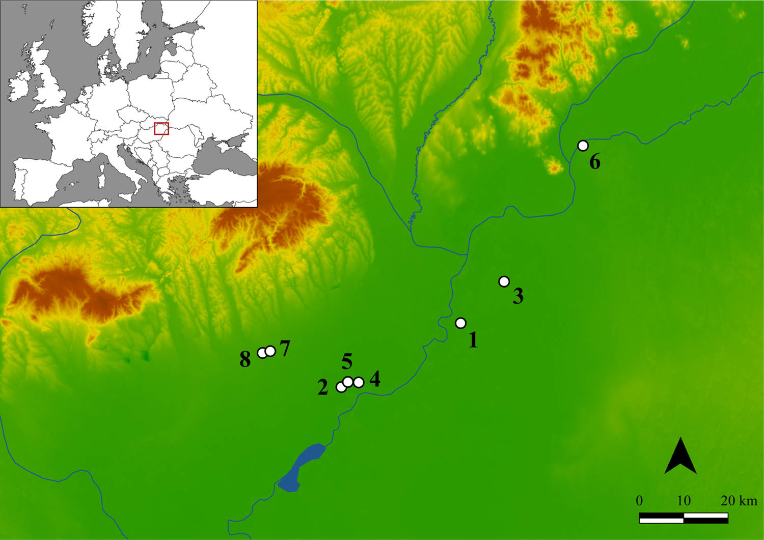 Figure 3
Location of the analysed sites: (1) Tiszapolgár-Basatanya; (2) Tiszavalk-Kenderföld; (3) Polgár-Nagy-Kasziba, (4) Tiszabábolna-Szilpuszta, (5) Tiszavalk-Tetes, (6) Szabolcs-Kisfalud, (7) Szihalom-Sóhajtó, and (8) Szihalom-Pamlényi-tábla.