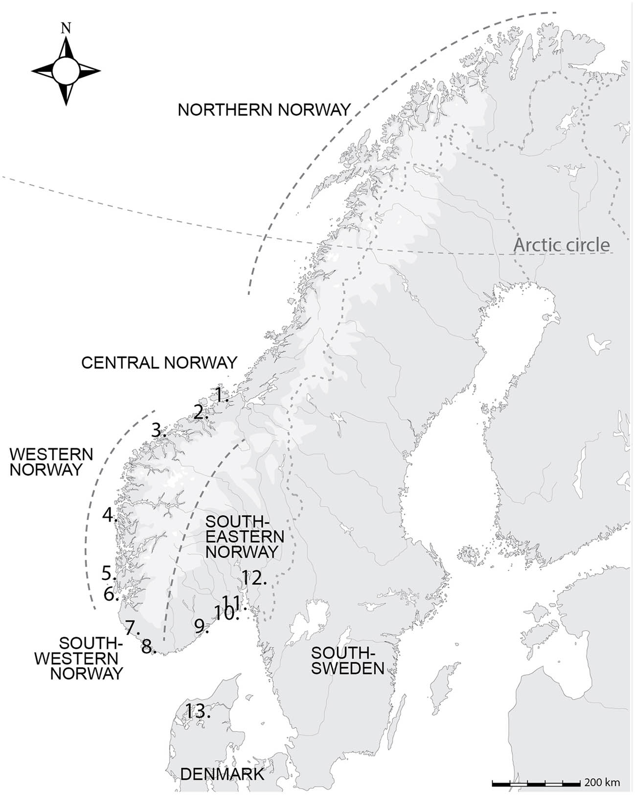 Figure 1
Map with names of regions and sites mentioned in the text: 1, Hitra; 2, Aukra; 3, Mjeltehaugen; 4, Straume; 5, Bømlo; 6, Karmøy; 7, Slettabø; 8, Lista; 9, Hesthag; 10, Auve; 11, Nøklegård; 12, Oslofjord; 13, Limfjorden, Jylland (illustration: A. J. Nyland).