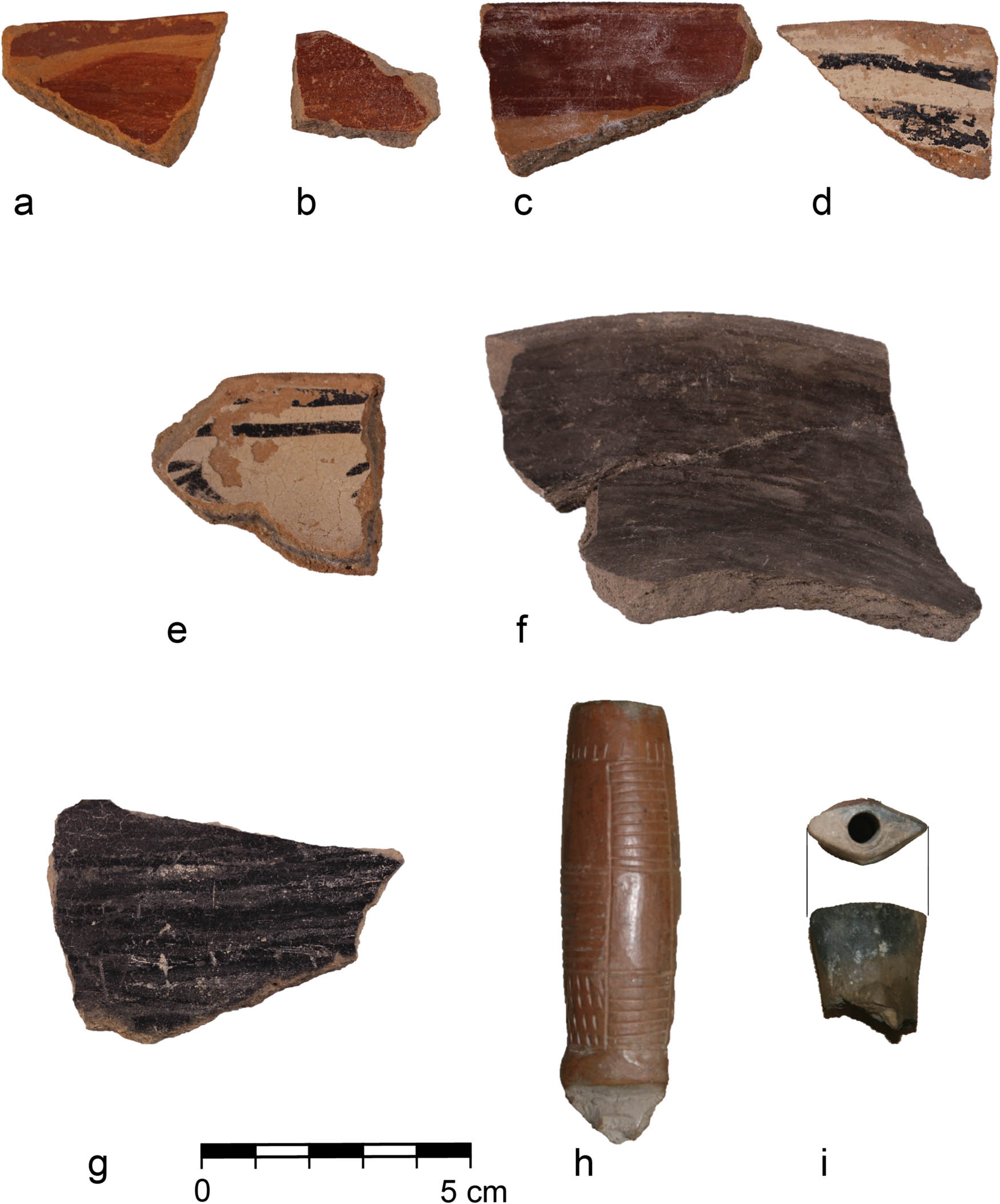Figure 4
Rio Grande Pueblo artifacts recovered from interior of Scott County Pueblo during Williston and Martin’s 1899 excavation: (a) Tewa Red, cat 4644B, University of Kansas; (b) Tewa Red, cat 4644H, University of Kansas; (c) Tewa Red, cat 4644C, University of Kansas; (d) Tewa Polychrome, cat 4644N, University of Kansas; (e) Tewa Polychrome, cat 4644O, University of Kansas; (f) Kapo Black, cat 4643S, University of Kansas; (g) Tewa Red with sooted and burnished interior, cat 4644I, University of Kansas; (h) Clay tubular pipe (Kidder, 1932) with red slip and incised design, cat 4520, University of Kansas; and (i) Class II (Kidder, 1932) clay pipe with diamond cross section, cat 4556, University of Kansas.
