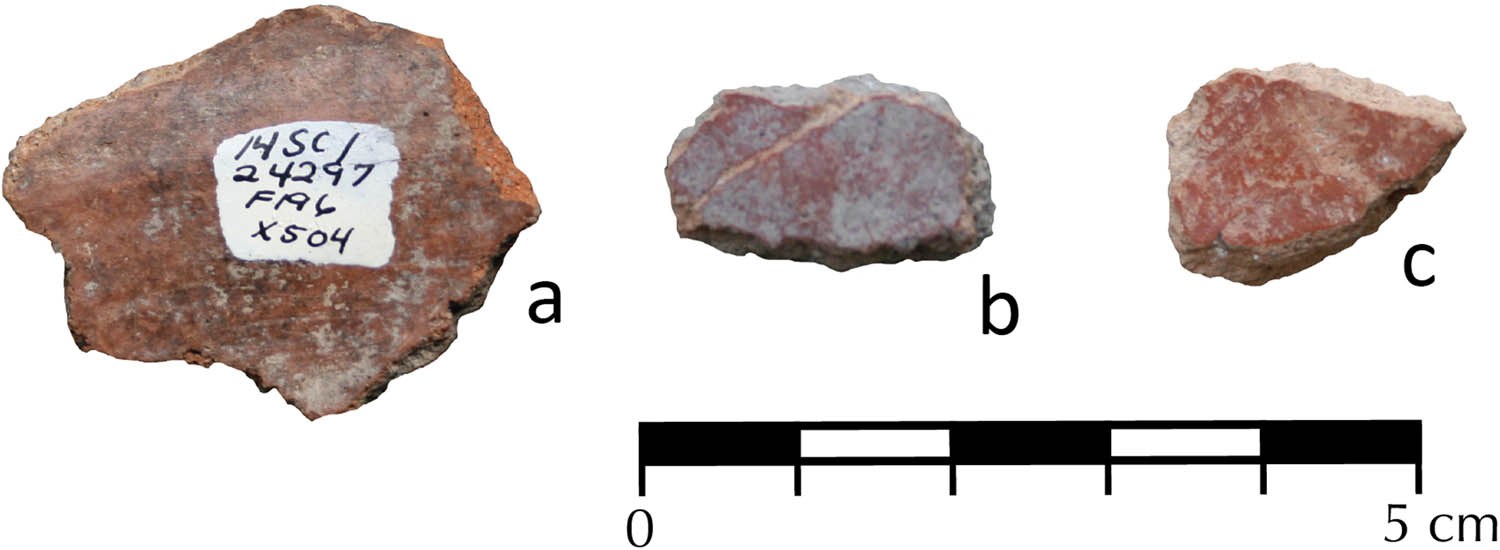 Figure 5
Examples of Ledbetter Red sherds: (a) 14SC1 bowl interior (cat 24297), (b) 14SC304 bowl exterior (spec 315), and (c) 14SC304 bowl interior (spec 316).