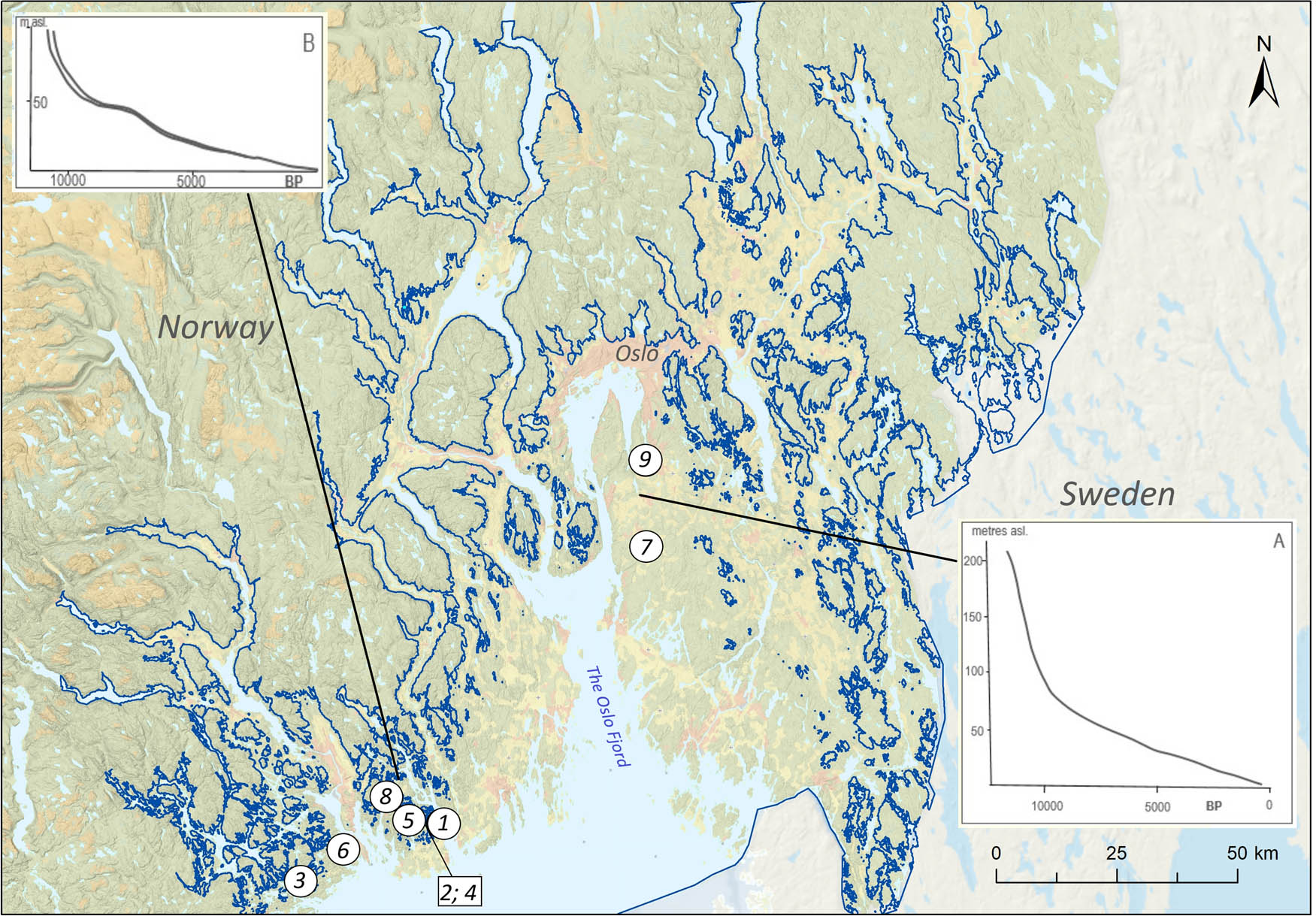Figure 1
The Oslo Fjord region today (red areas: densely settled areas, yellow areas: arable land, green areas: forest, blue areas: water). The marine maximum is indicated with a dark blue line, and its distance to today’s shore illustrates the amount of land that was gradually exposed through postglacial times until today. The two sea-level curves (depicted according to A: Sørensen, 1979, B: Sørensen et al., 2014) illustrate regional differences regarding intensity and speed of land-uplift in the Mesolithic period. Sites mentioned in Tables A1 and A2 and Table 1 (nos. 1–9) are mapped. Illustration: Almut Schülke & Steinar Kristensen, MCH, UiO, on the basis of data from ©kartverket (Norges grunnkart – WMS) and ©ngu (marine maximum) 2022.
