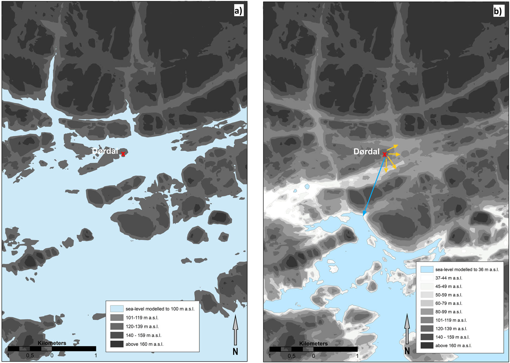 Figure 7
The site of Dørdal (red x) and its topographic changes through time. (a) At the time of its Early Mesolithic use, the site was placed at the western end of an elongated island. (b) At the time of the Late Mesolithic radiocarbon dates from the two hearths, the site was located at the west end of an elongated mountain ridge, with very good views into a junction of several valleys to the east, and approximately 1,400 km from the coast. Map: Almut Schülke based on a landscape model by Gjermund Steinskog, MCH, UiO.