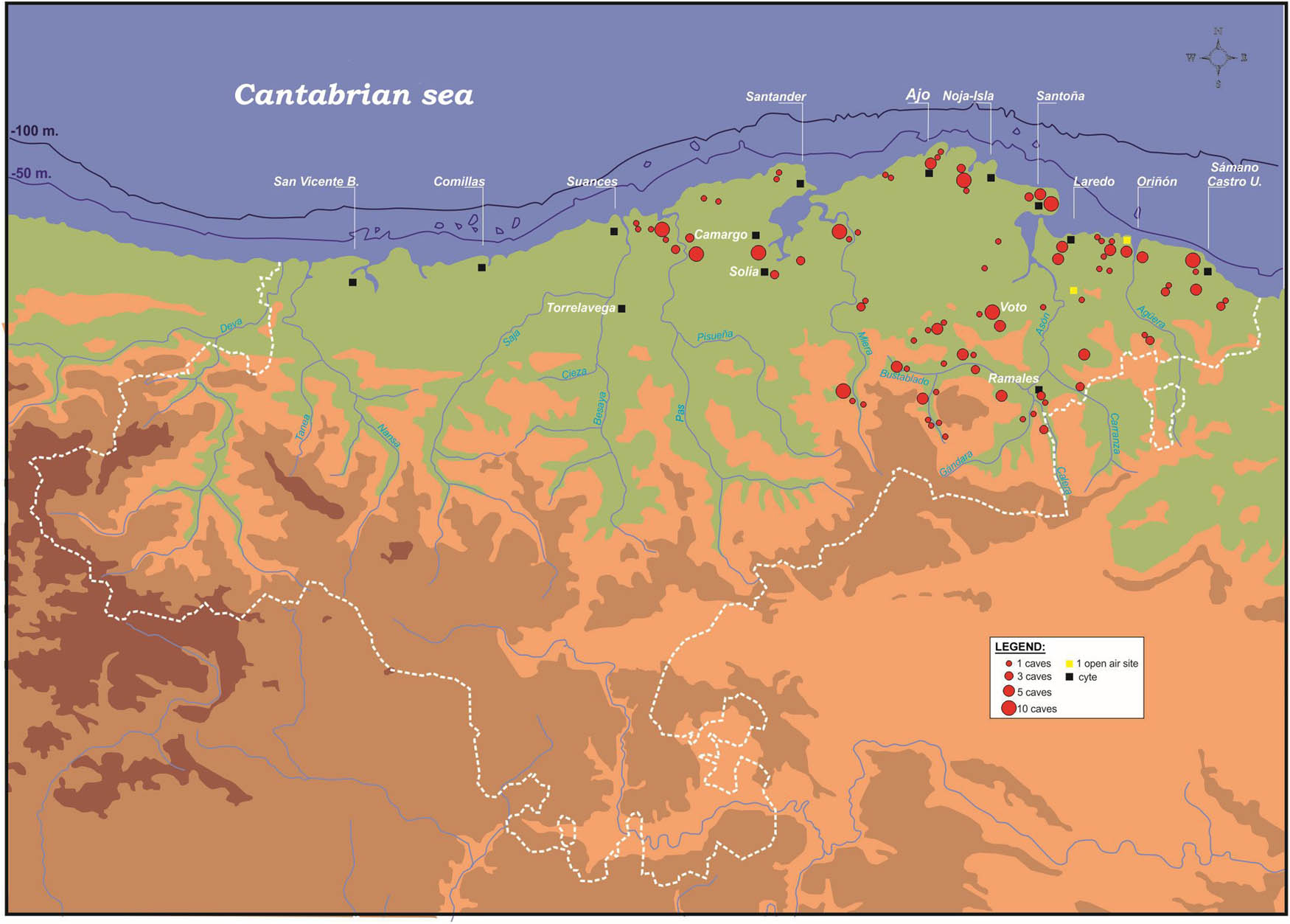 Figure 2
Topographic map of Cantabria showing the location of Mesolithic settlements in central-eastern Cantabria, between the Suances estuary to the west and the Ontón estuary to the east, located on the coastline, coastal plain, and associated with inland and high valleys.