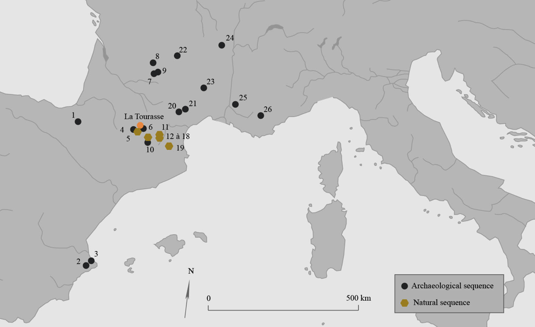 Figure 13
La Tourasse in its regional archaeologcial and paleoenvironmental context: (1) Aizpea, (2) Abric de la Falguera, (3) Cova Fosca, (4) Grotte du Moulin, (5) Lac de Barbazan, (6) Buholoup, (7) Grotte du Sanglier, (8) Les Fieux, (9) Les Escabasses, (10) Balma de la Margineda, (11) Pinet, (12) Balcère, (13) Les Bassettes, (14) La Borde, (15) Le Gourg Nègre, (16) Laurenti, (17) La Moulinasse, (18) Les Sagnes, (19) Freychinède, (20) Grotte du Gazel, (21) Abeurador, (22) Les Baraquettes, (23) La Poujade, (24) Al Poux, (25) Abri Jérôme, and (26) Fontbrégoua (For more details, see Supplement 5).