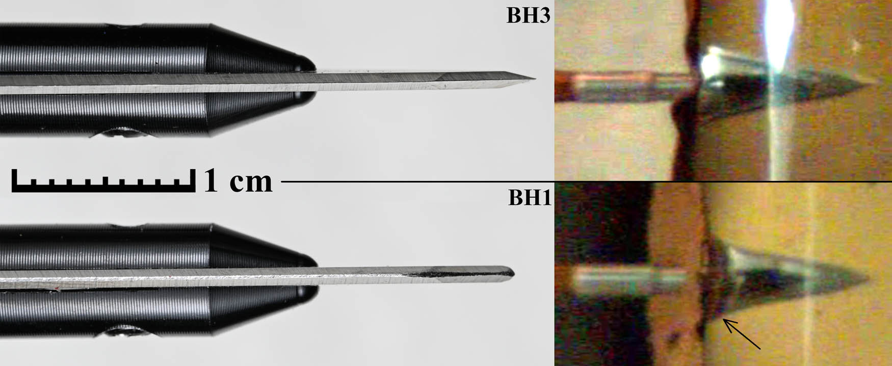Figure 10
The factory sharp BH3 (top) and dulled BH1 (bottom) and the moment of penetration of the respective broadheads through upholstery leather into Perma-Gel. The arrow indicates leather being pulled into the gel backing.