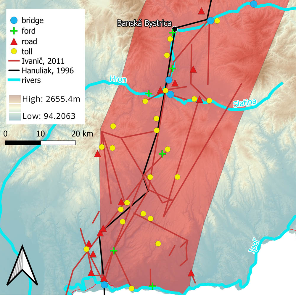 Figure 2 
               Map of the medieval road system in the researched area according to written records compiled by Ivanič (2011) and reconstructed based on the distribution of important architectural features (Hanuliak, 1996).
            