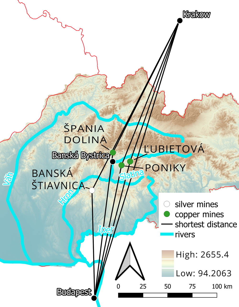 Figure 3
Map of the shortest distance link between key destinations in the researched region: the capitals of medieval Hungary and Poland, and copper and silver mines in central Slovakia.