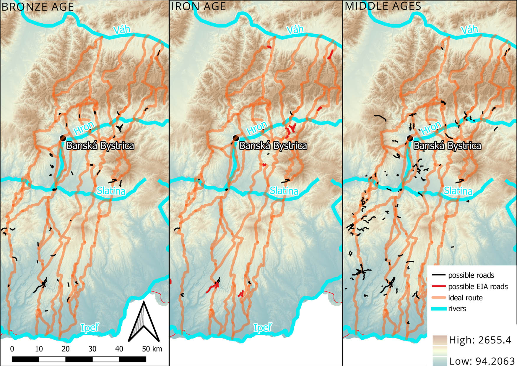 Figure 5
The ideal route model in comparison to old roads identified in LiDAR imagery and terrain. Possible use of recorded old roads in different time frames.