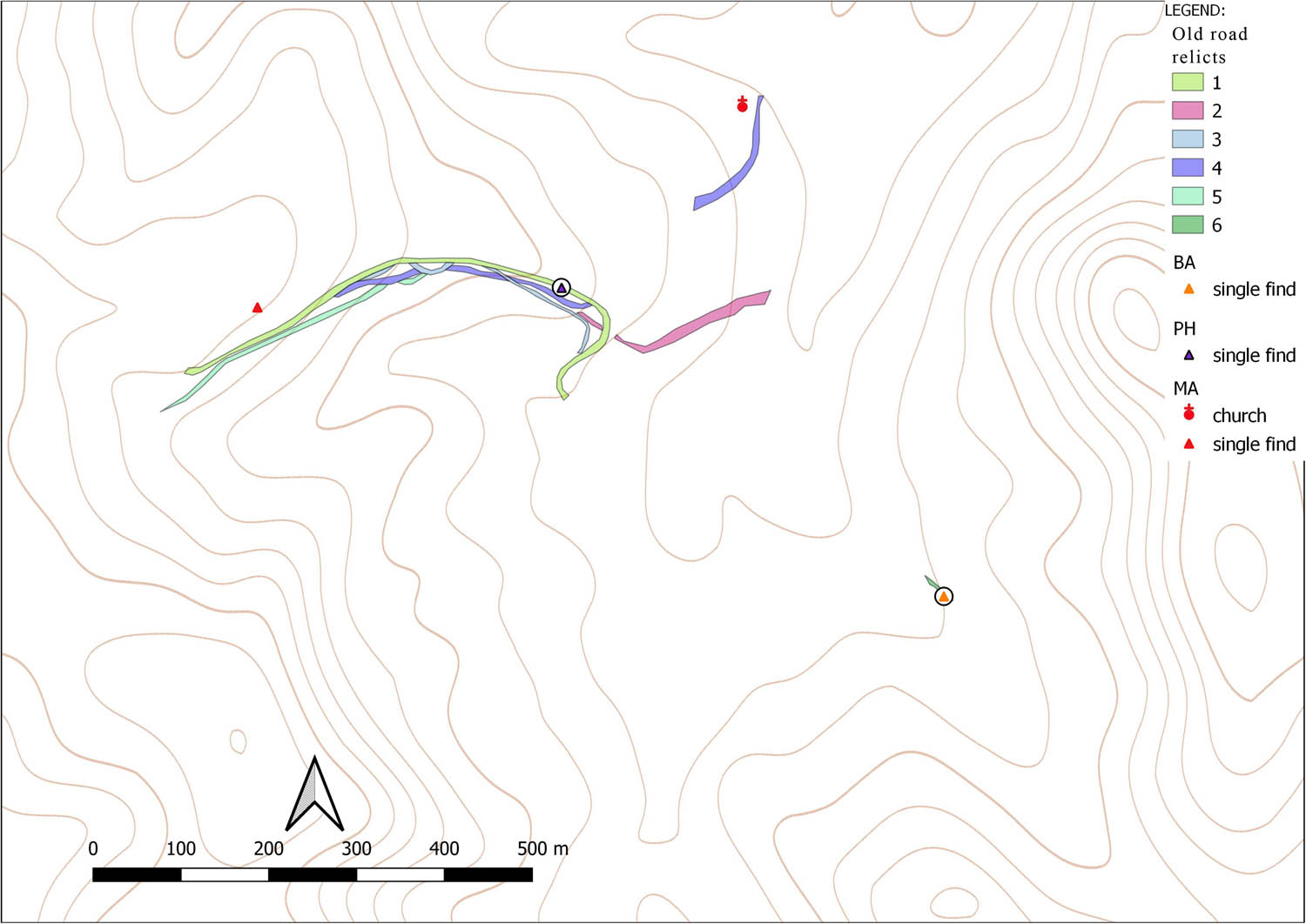 Figure 7
Horizontal stratigraphy of old road remains in Sliač–Sampor. The only remains dated by finds is shown in feature 6, whose relation to all other remains is unknown. Feature 4 is possibly used in Middle Ages due to its context with the medieval church site although might be of earlier origin. Feature 1 contains a piece of malachite ore of possible Špania Dolina–Piesky origin; it is difficult to date but most likely prehistoric due to its pebble form (not quarried in a mine) and the site being outside the area of later unprocessed copper transportation patterns. This feature could be the oldest, considering the find, whilst it could be the youngest based on stratigraphy, which may be influenced by recent modifications of the terrain.