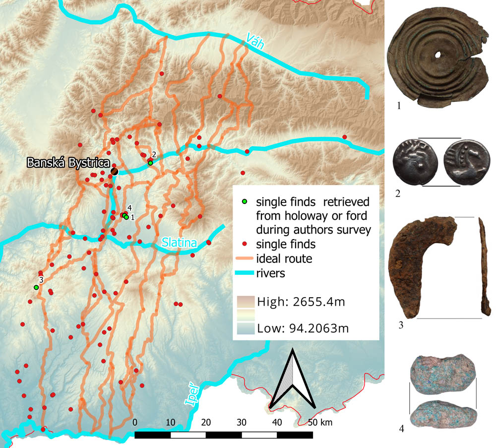 Figure 8
Ideal route model with single finds at least some of which might represent items lost or deposited along old roads. Highlighted are latest finds with a documented relation to old road remains: (1) bronze phalera from Sliač–Sampor, LBA, (2) silver coin from the ford on the Hron River in Slovenská Ľupča, 2nd/3rd century BCE, (3) horseshoe from Dobrá Niva, 14th–16th century AD, (4) malachite ore of possible Špania Dolina–Piesky origin from Sliač Sampor, CA/BA.