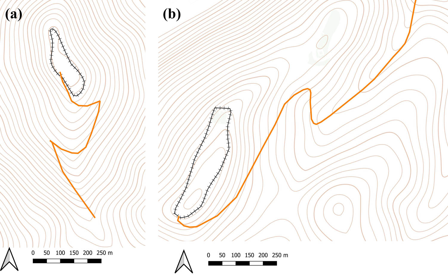 Figure 9
Typological differences between LBA/IA roads: (a) zigzag pattern typical of all LBA/IA sites in the region, an example from the Moštenica–Hradište hillfort; (b) prolonged ‘S’ pattern typical of medieval and modern age road remains, an example from the castle at Zvolen–Pustý Hrad.