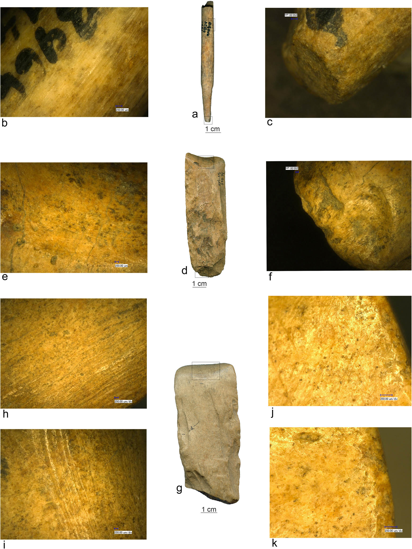 Figure 10
(a) Bone pointed tool (Icoana); (b, e, h, and i) scraping marks; (c and f) proximal end detail; (d and g) bone bevelled tools (d – Icoana and g – Ostrovul Banului); (j and k) distal end details.