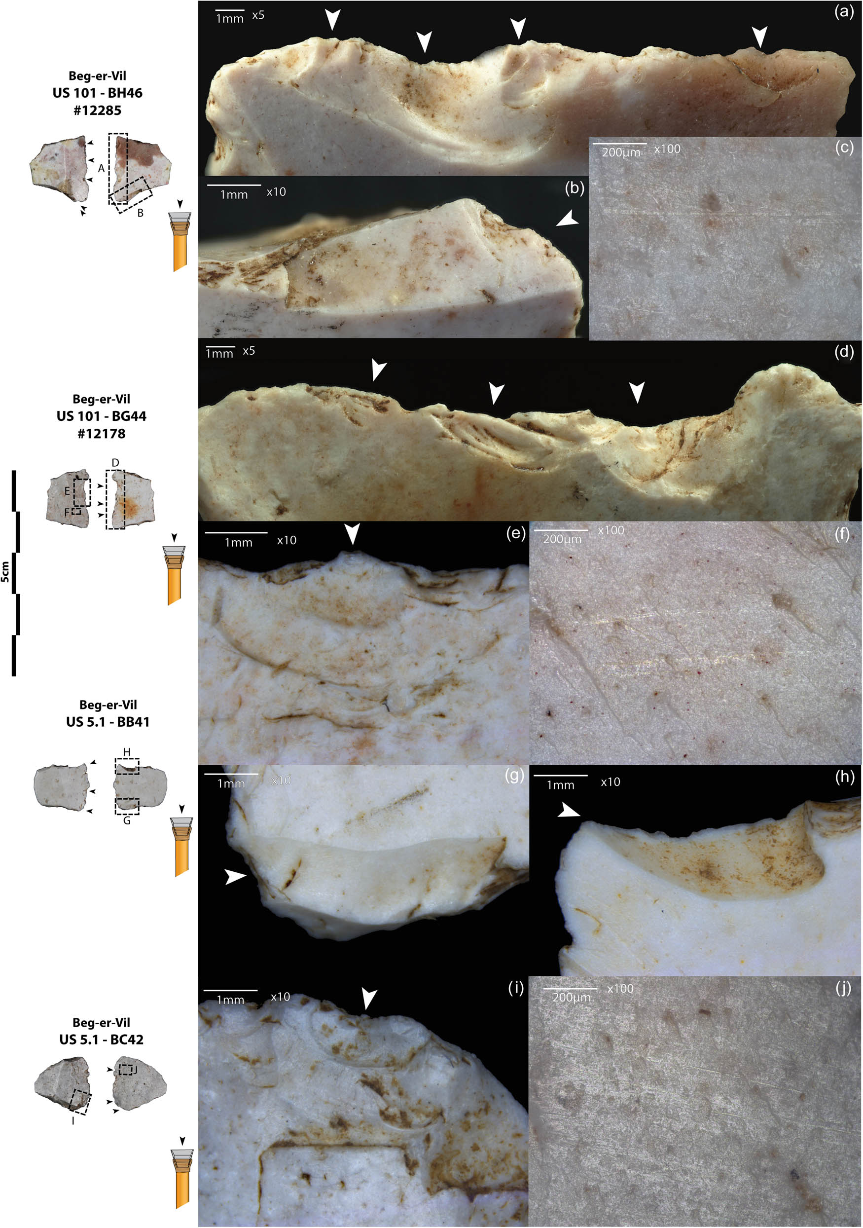 Figure 10
Impact wears of the Beg-er-Vil armatures. (a) Several scars and fractures on the large base of a symmetrical trapeze, with marked cone initiations (×5). (b) Burin-like fracture (×10). (c) Microscopic striations, perpendicular to the large base of the symmetrical trapeze (×100). (d) Several impact scars on the edge of a symmetrical trapeze (×5). (e) Cone-initiated scar, with a semi-circular shape and feather-like termination (×10). (f) Bright microscopical striations, running perpendicular to the large base of the trapeze (×100). (g) Burin-like fracture (×10). (h) Burin-like fracture (×10). (i) Scars and fractures with cone initiations (×10). (j) Microscopic linear traces, running perpendicular to the large base of the trapeze (×100).