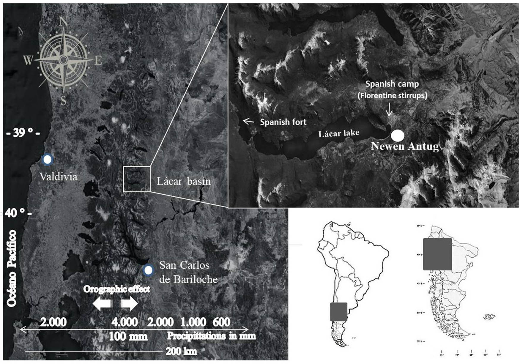 Figure 1 
               Newen Antug site, on the shores of Lácar Lake, which is part of a binational archaeological site in the Valdivia river basin. The inset shows the stash of Florentine stirrup location and small Spanish fort location. Source: this work.